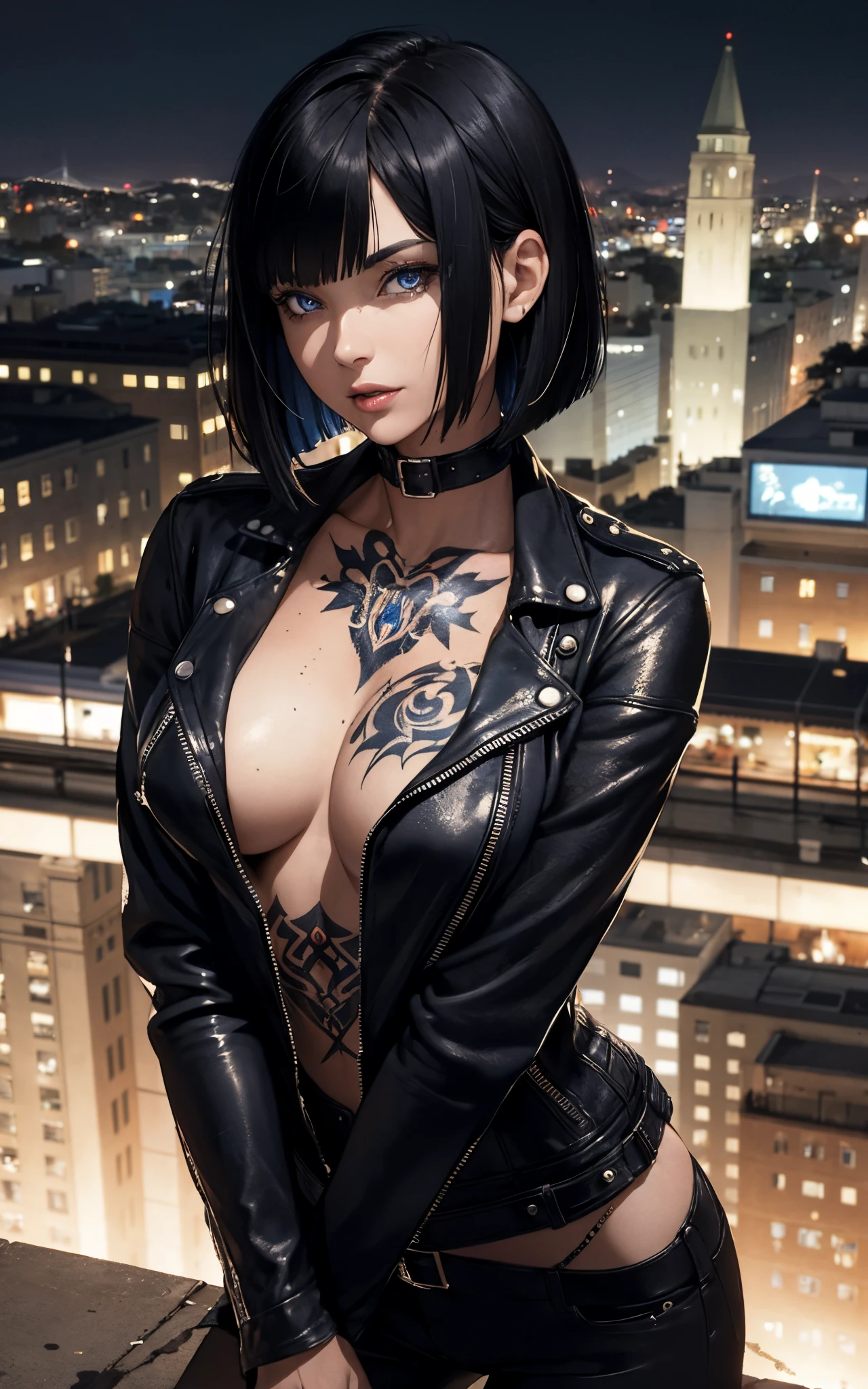 Beautiful 25 year old woman, black hair, Bob cut, blue eyes, sightly muscled, messy hair, tattooed neck, leather jacket, San Francisco in the background, kink, evil aura, night, kink.