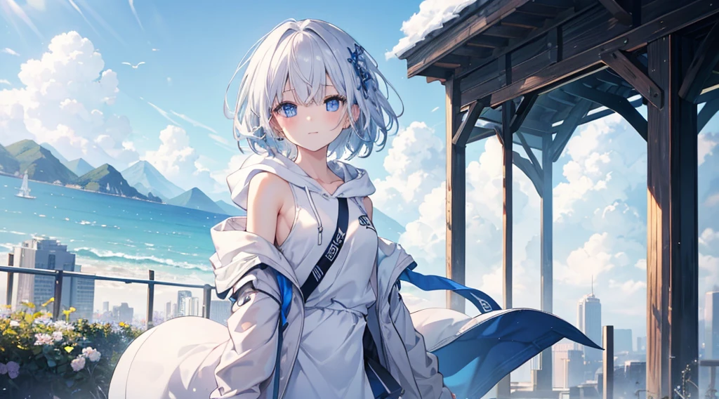 mid-shot, Look at viewers, hands behind back, girl with, 20 years old, Very short hair, long bangs between eyes, hair over shoulder, Grey Hair, Floating hair, ^ ^, pale blue eyes, Short dress, Hoodie, Skirt, Bare shoulder, White clothes, Blue sky, Nature, Sunlight, Extremely detailed,(masterpiece、top-quality)、独奏、1womanl、White hair、the tips of the hair are blue、Blue eyes、A smile、White skin as clear as snow、Fantastical,Small breasts, Silver hair, Blue eyes, Beautiful eyes, Girl, Ecstasy, charmed, be smitten with audience, Hoodie, Hoodie with open front, Naked Hoodie, Shoulder out, Blue sky, , Sunlight