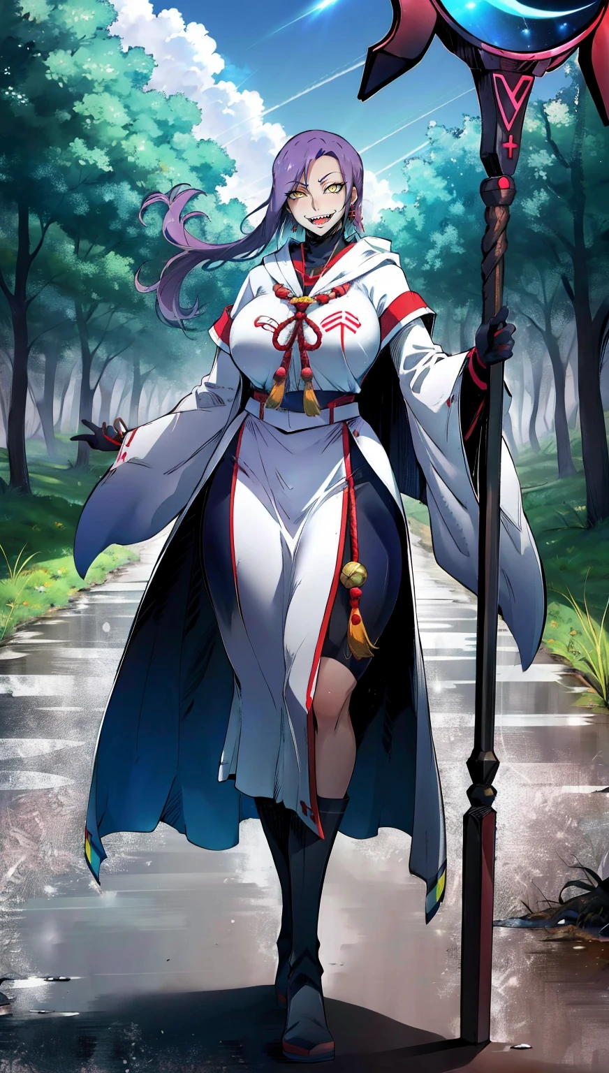 1girl, solo, looking at viewer, cowboy shot, hand arms full body,boots, standing,cute,breast, curvy, female,fantasy goddess,there is a cartoon picture of a woman with a very large breast, glowing divine being, glowing holy aura, inspired by Luma Rouge, the non-binary deity of spring, ethereal rainbow nimbus, the butterfly goddess of fire, inspired by Mariel, glowing aura around her, astral wind, as the goddess of the saturn, “uwu the prismatic person, big breast, serious, beautiful eyes, , full body, walking, long robe, long dress, ,priestess ,holy, smile, god rays, ray tracing, sparkle, cinematic lighting, UHD, retina, masterpiece, ccurate, anatomically correct, textured skin, super detail, high details, high quality, award winning, best quality, highres, 1080P, HD, 4K, thunder aura, light aura,full, snak staff,closed mouth,#anime #character #re:creators #magane chikujoin Trigger Words: chikujoin magane sharp teeth single braid serafuku thighhighs gloves earrings Version No.:, long skirt, sharpteeth smile, open mouth, priestess, tunic,, forest ruins background