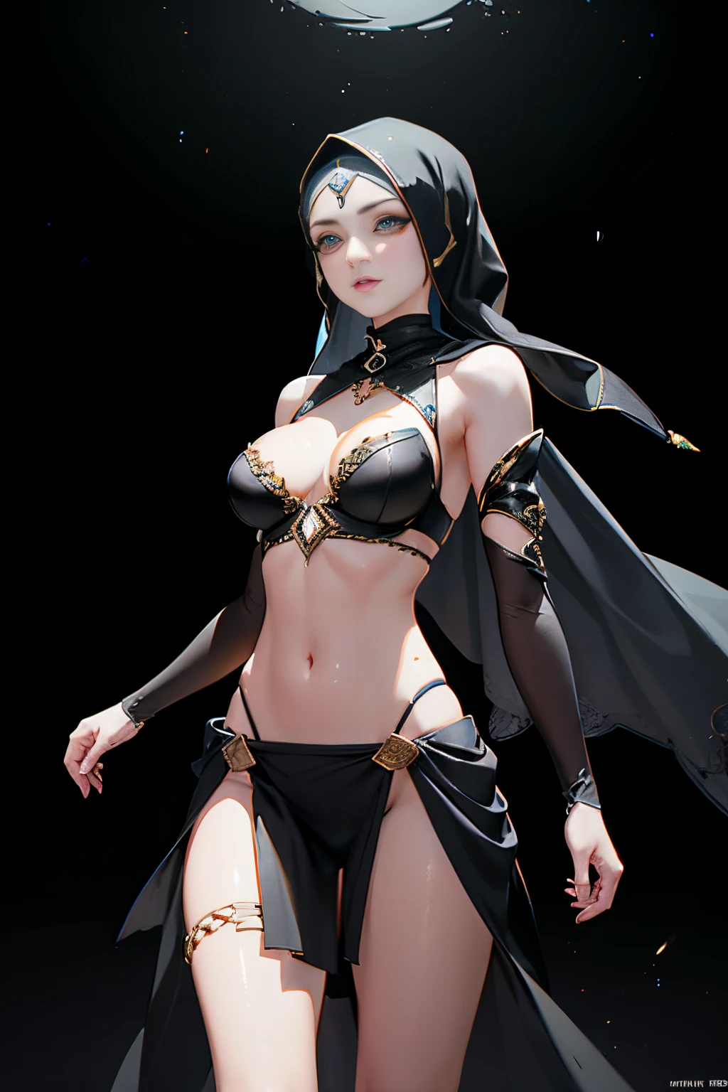 bellydancer, cyberpunk, javanese, (((hijabi))), cleavage, reflection light, chiaroscuro, depth of field, cinematic lighting, ray tracing, Sony FE GM, UHD, super detail, masterpiece, textured skin, high details, best quality, award winning,3D,hdr(HighDynamicRange),Ray tracing,NVIDIA RTX,Hyper-Resolution,Unreal 5,Subsurface scattering、PBR Texture、post-proces、Anisotropy Filtering、depth of fields、maximum definition and sharpness、Many-Layer Textures、Albedo e mapas Speculares、Surface coloring、Accurate simulation octane rendering of light-material interactions、Two-colored light、largeaperture、Low ISO、White balance、the rule of thirds、8K raw data