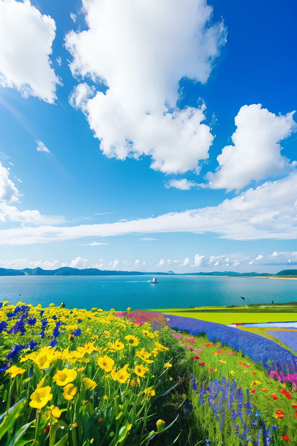 rialistic photo、top-quality、The blue sea beyond the flower fields、blue open sky、clouds are floating