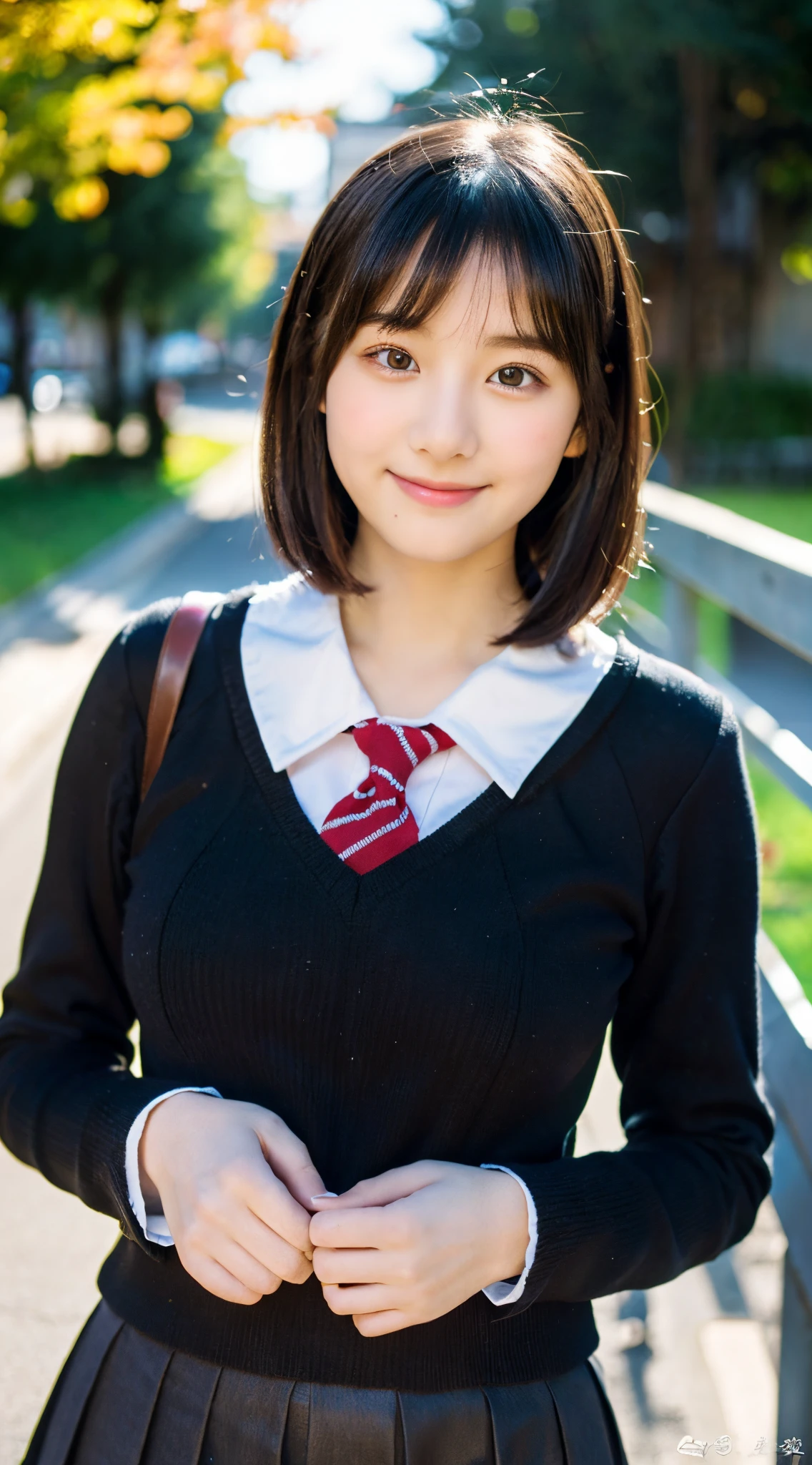 (top-quality,8K picture quality,masterpiece:1.3,),(超A high resolution,Photorealsitic:1.4,Raw photography),(ultra-detailliert,Caustics,perfect anatomia),(Ultra-realistic capture,Beautifully detailed skin),Stand in front of the school gate,18year old,kawaii,A dark-haired,a short bob,Single eyelid,A smile,large boob,School Uniforms,Dark Red Muffler,Black thick tights,Looking at the camera,soft sunlight,