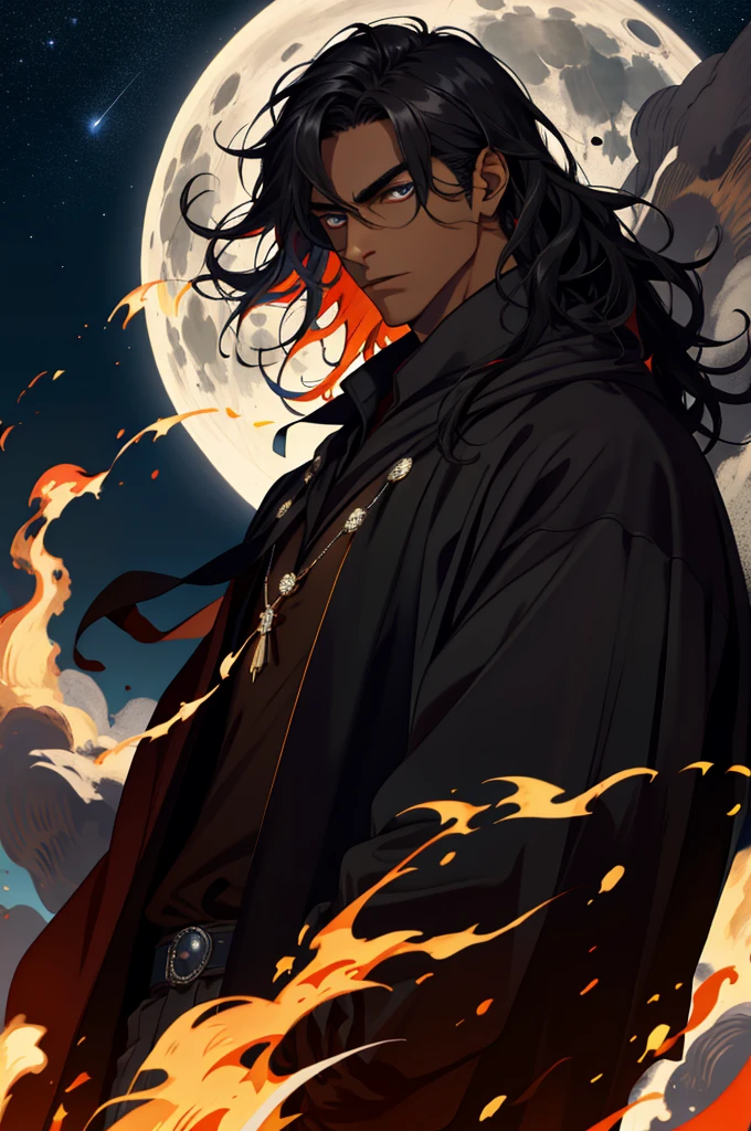 (absurd, highres, ultra detailed), 1 male, native, indigenous, wearing black robes, dark skin male, dark skin, Lakota, adult, handsome, dark hair, medium hair, wavy hair, amber eyes high muscular face, broad shoulders, finely detailed eyes and detailed face, fantasy, night, dark theme, cinematic lighting, colorful, portrait, overcast sky, moon, light, Dutch angle, background: night, starry sky, campfire