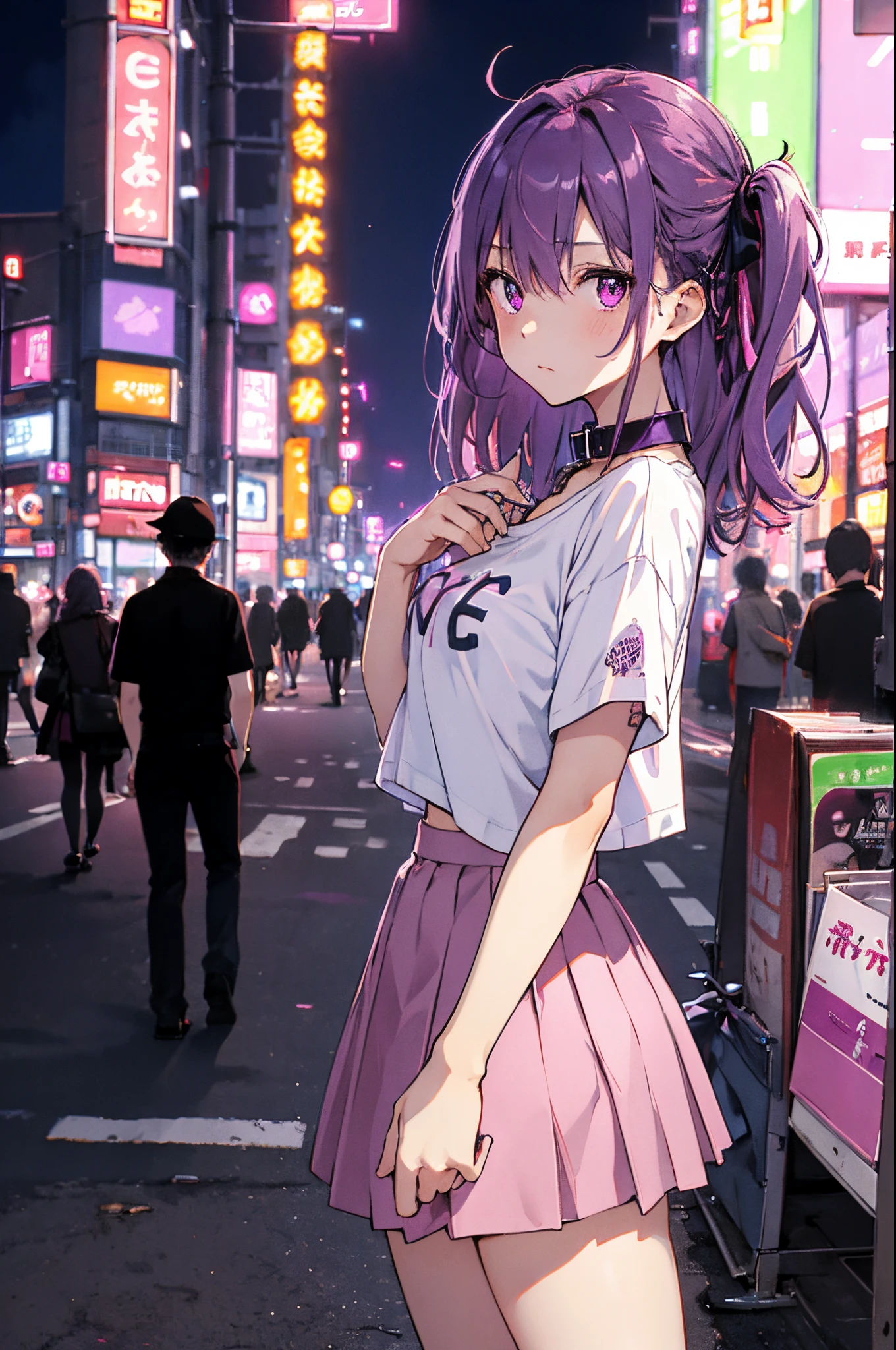 masterpiece, best quality, 1girl, purple hair,pink eyes, long hair,(small breasts),standing on street, (collar T-shirt), underwear straps, pink Skirt, front view, standing,City Night, Neon light, Background Tokyo street, taxi, dating, shy,headwear, hands behind back