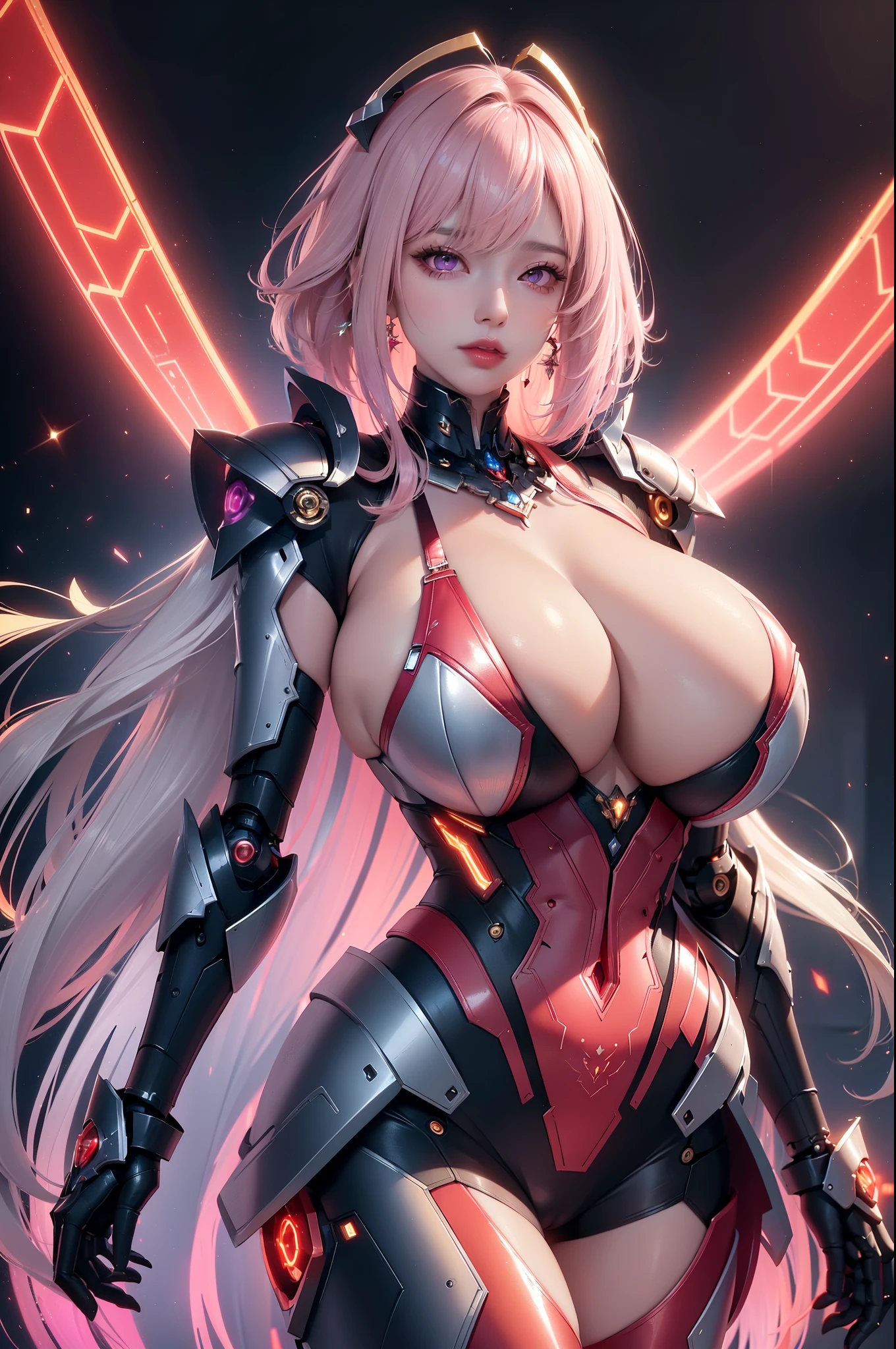 (masterpiece), best quality, expressive eyes, perfect face, beautiful details face, beautiful round eyes, full body, A beautiful mature woman in cyber armour suit shows her Extremely busty and attractive breasts, (arrogant face), (platinum pink hair), (bob cut, streaked hair, expressive hair, shiny hair, glowing hair, multicolored hair, gradient hair, colored inner hair, straight hair, very short hair), fair skin, (beautiful detailed full bodysuit:1.3), (full body cyber armour), glowing and shining armour, gold and red cyber armour, (cybernetic wings:1.2, Gigantic mechanical wing:1.2), (Edge lights:1.3), (silver and red colour scheme:1.3), neon light on armour, beautiful details eyes, (purple eyes:1.3), (glowing eyes:1.2), (Gigantic saggy breasts:1.3), tight breasts, thick body, (well accentuated curves), pink lips, (silver nails), mascara, Long eyelashes, eyeliners, (Extremely wide well defined hips:1.3), (beautiful massive thick thighs:1.3), slender figure, (Extremely detailed skin texture:1.2), beautiful detailed realistic muscle definition, golden lights that shimmer, high detailed eyes, ultra-high quality model, proportionate, intense colouration fantasy, (background fantasy cyber city), blue and gold tetradic colours, earrings, (1girl), solo, cowboy shot, shine, glowing