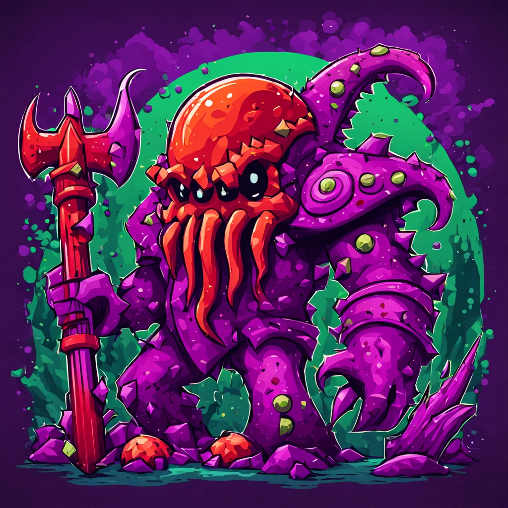 Kraken warrior that is vivid red and red-orange with dark red speckles and covered in purple spikes and horns with a giant spiked purple hammer with green ruins in it's tentacles, masterpiece, best quality, in retro arcade art style