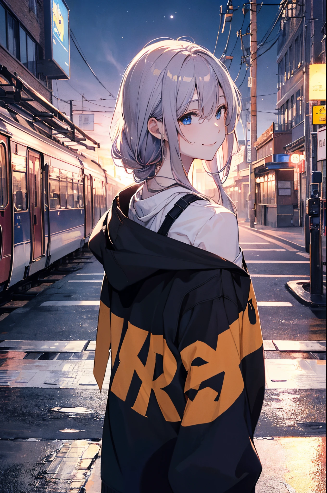 （Girl with a nasty appearance:1.3）、(Night:1.5)、(and chest:1.4)、Raw photography, top-quality, hight resolution, (​masterpiece), (Photorealsitic:1.4), (Mole under the eyes),Anime Cosplay, foco nítido, nffsw, 8K分辨率, intricate detailes, depth of fields, the Extremely Detailed CG Unity 8K Wallpapers, front lit, femele,25-years old、 Happy face,Smiling、(tying  hair:1.5)、(Medium Showtrain Bo Hair)、(Big hoodie)、blue eyess,(Night:1.5)、(nightcity:1.3)、(Full body depiction)、(homework:1.2)、shining world、(Perspective from behind:1.3),backs,muffler、Winters、kou、