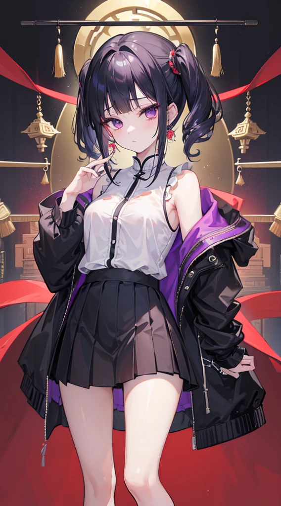 (8k、Top image quality、top-quality、masterpiece)、1 girl in、Black hair twintails、short-hair、waved hair、blunt bangs、Purple eyes、expressionless、piercings、Moderately breasts、whitechinese clothes、sleeveless、mini pleated skirt、Black jacket、shrine background
