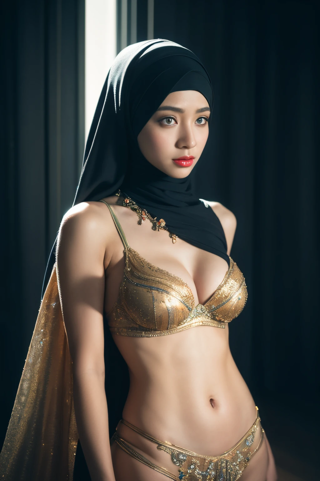 bellydancer, cyberpunk, javanese, (((hijabi))), cleavage, reflection light, chiaroscuro, depth of field, cinematic lighting, ray tracing, Sony FE GM, UHD, super detail, masterpiece, textured skin, high details, best quality, award winning,3D,hdr(HighDynamicRange),Ray tracing,NVIDIA RTX,Hyper-Resolution,Unreal 5,Subsurface scattering、PBR Texture、post-proces、Anisotropy Filtering、depth of fields、maximum definition and sharpness、Many-Layer Textures、Albedo e mapas Speculares、Surface coloring、Accurate simulation octane rendering of light-material interactions、Two-colored light、largeaperture、Low ISO、White balance、the rule of thirds、8K raw data
