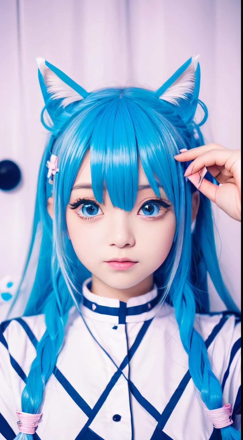 a beautiful detailed portrait of Hatsune Miku, long blue pigtails, big expressive eyes, detailed facial features, cute expression, detailed beautiful skin, intricate outfit, colorful background, vibrant colors, cinematic lighting, elegant, photorealistic, 8k, highest quality