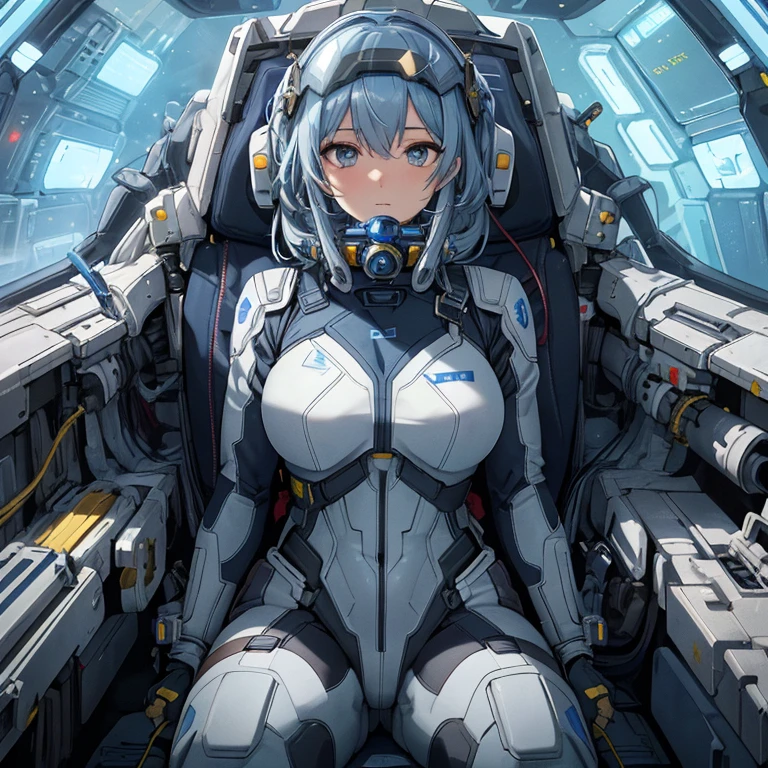 ighly detailed、Masterpiece、top-quality、Detailed writing、Cel animation style illustration、Futuristic space fighter cockpit seats、A female pilot is sitting。Behind her is、With omnidirectional camera、The light blue grid lines and the outer wall of the spacecraft carrier&#39;s hangar are visible.。She、Based on silver and black、wearing a tight-fitting bodysuit。The waist and neck area have gold accents.。Her head is completely covered by the spacesuit helmet visor.、Inside the visor she wears a breathing gas mask。Her hands are on the steering grips in their natural position.。On her hip、Two energy supply tubes are connected。She is securely secured in her seat with a 5-point seatbelt.。