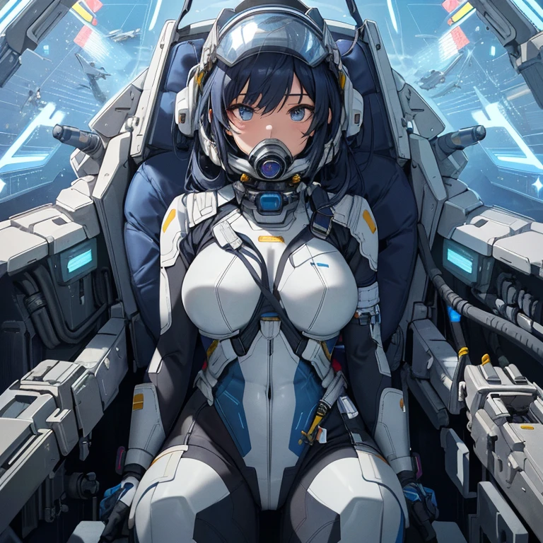 ighly detailed、Masterpiece、top-quality、Detailed writing、Cel animation style illustration、Futuristic space fighter cockpit seats、A female pilot is sitting。Behind her is、With omnidirectional camera、The light blue grid lines and the outer wall of the spacecraft carrier&#39;s hangar are visible.。She、Based on silver and black、wearing a tight-fitting bodysuit。The waist and neck area have gold accents.。Her head is completely covered by the spacesuit helmet visor.、Inside the visor she wears a breathing gas mask。Her hands are on the steering grips in their natural position.。On her hip、Two energy supply tubes are connected。She is securely secured in her seat with a 5-point seatbelt.。