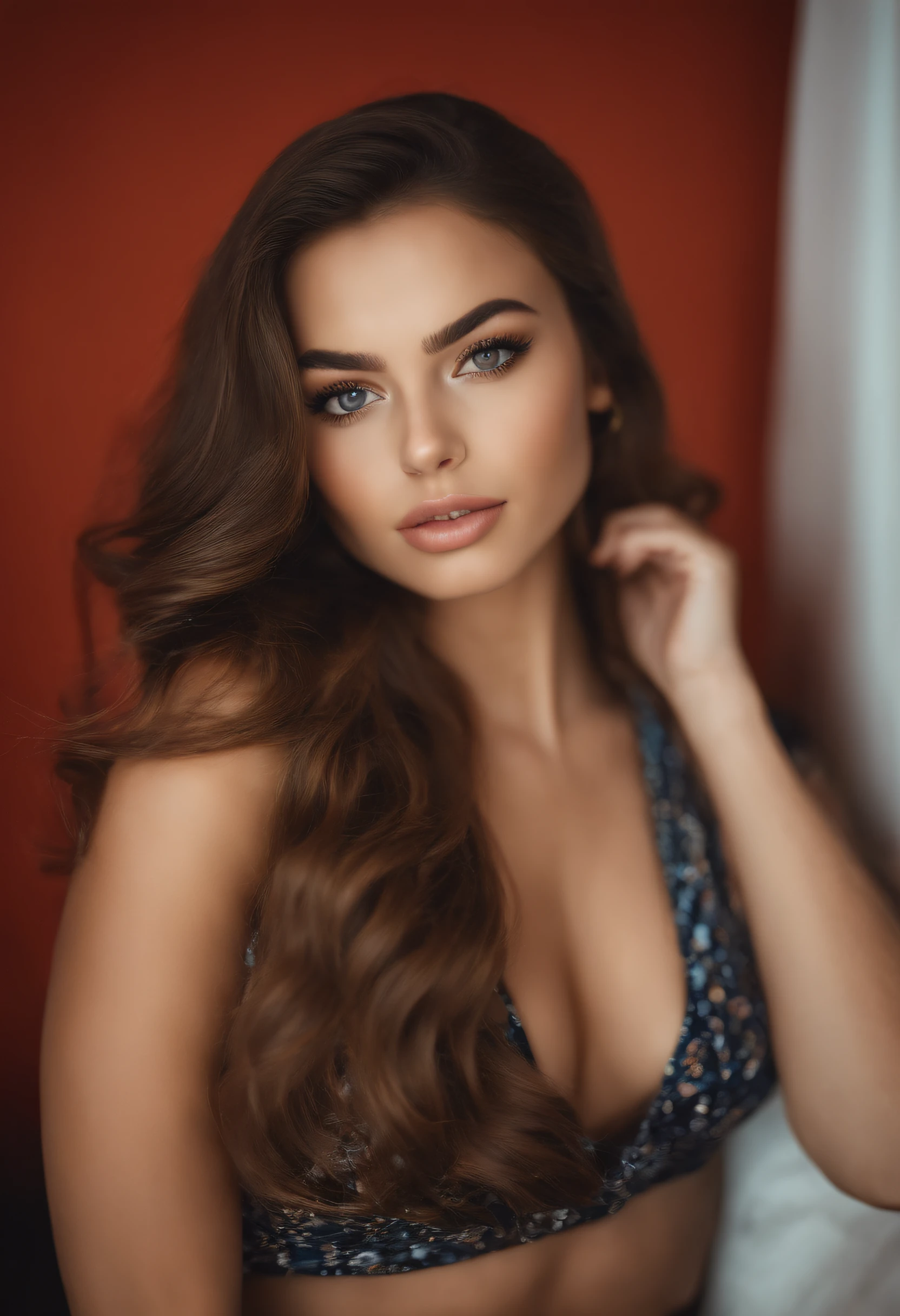 mulher arafed com regata e calcinha combinando, com olhos castanhos, Retrato Sophie Mudd, cabelos castanhos e olhos grandes, selfie de uma jovem sozinha em sua cama, deitada nu
