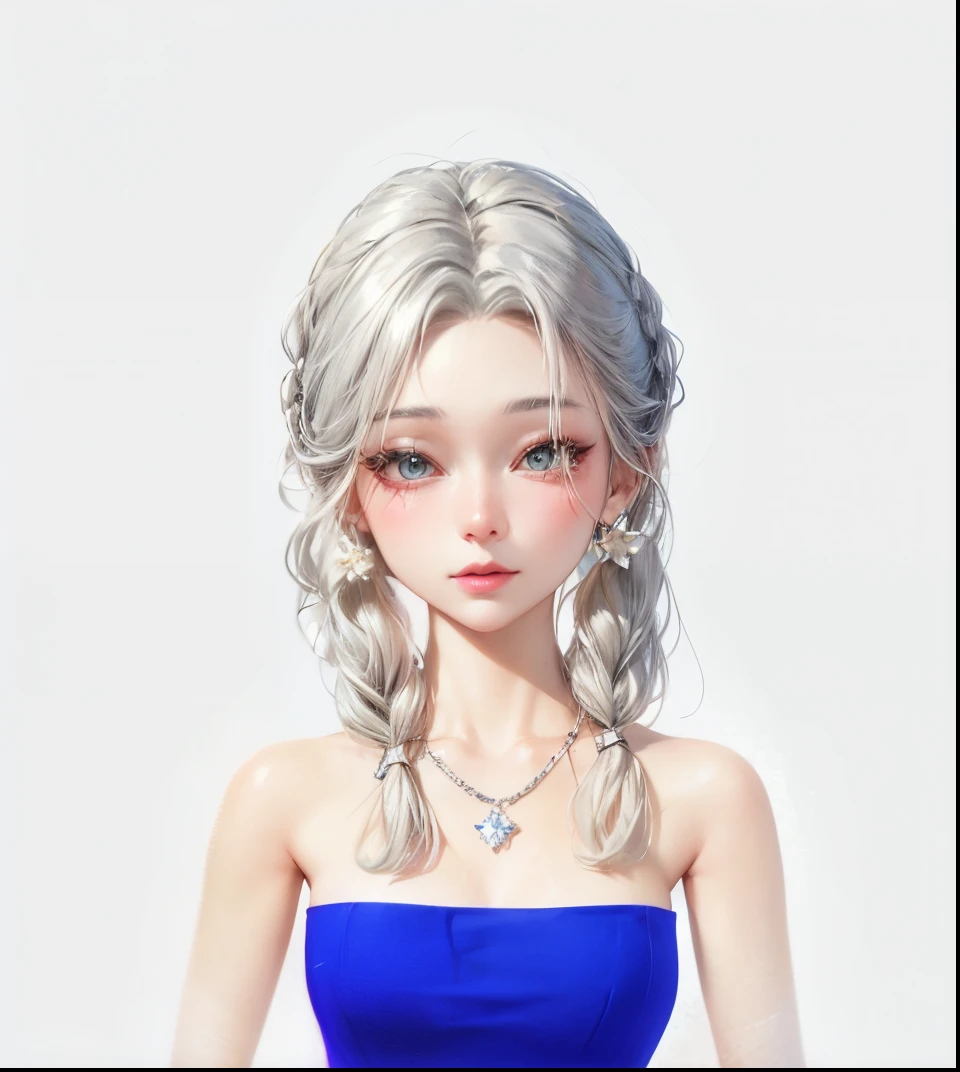 a close up of a woman with a blue dress and a necklace, inspired by Sim Sa-jeong, silver hair (ponytail), the sims 4 texture, crystalline translucent hair, straight hairstyle, white long straight hair, hyperrealistic teen, detailed hair foggy, realistic hair, kawaii realistic portrait, neat hair with bangs, detailed white long hair, girl silver hair