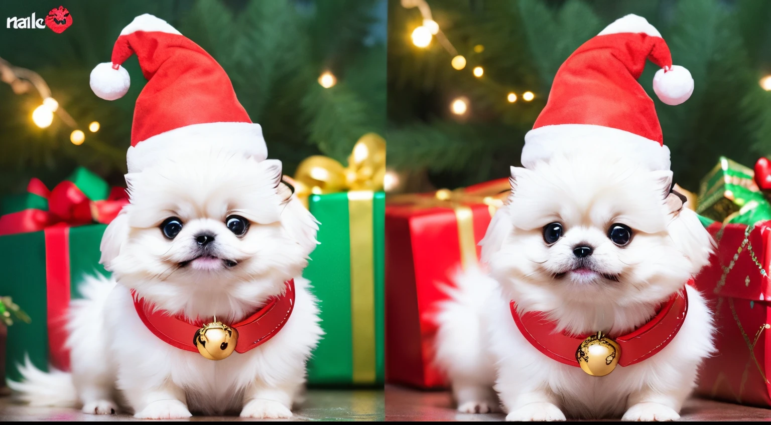 3D vector art、Colorful cute white pekingese dog、wearing a christmas hat,The collar has a bell、 cute christmas present, Ultra-realistic high quality, Cute and quirky, Fantasy Art, Watercolor effect、raise the front paws