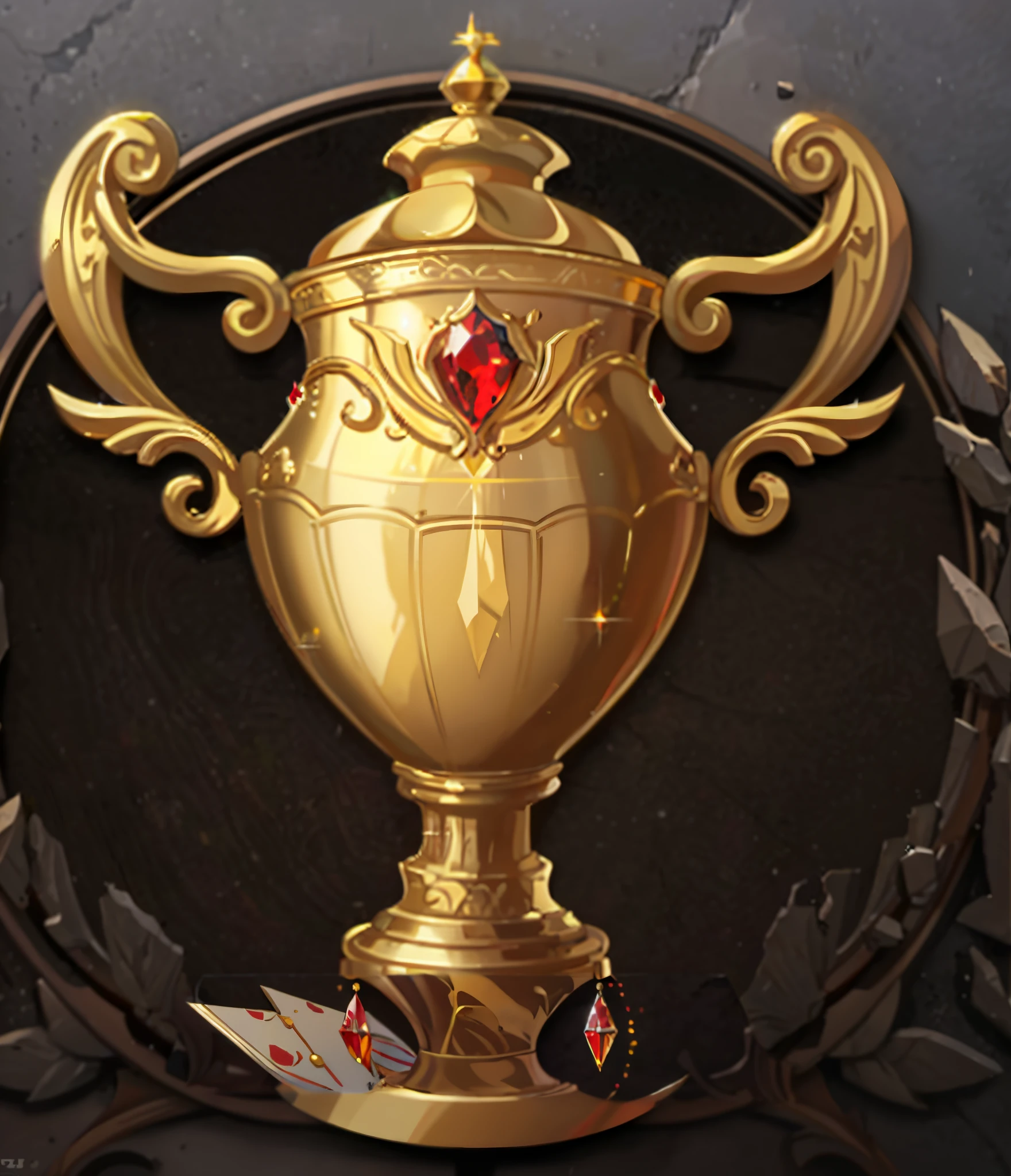 There is a gold trophy,There is a red stone inside, &cite;Gold Cup, Magnificent Holy Grail Reversal, contest, Optimum impact, holy grail of understanding, league of legends champion, Unknown, The flipped holy grail, &cite;The Golden Grail, winning artwork, winning artwork, artifact dota2, Tremendously beautiful, ample |