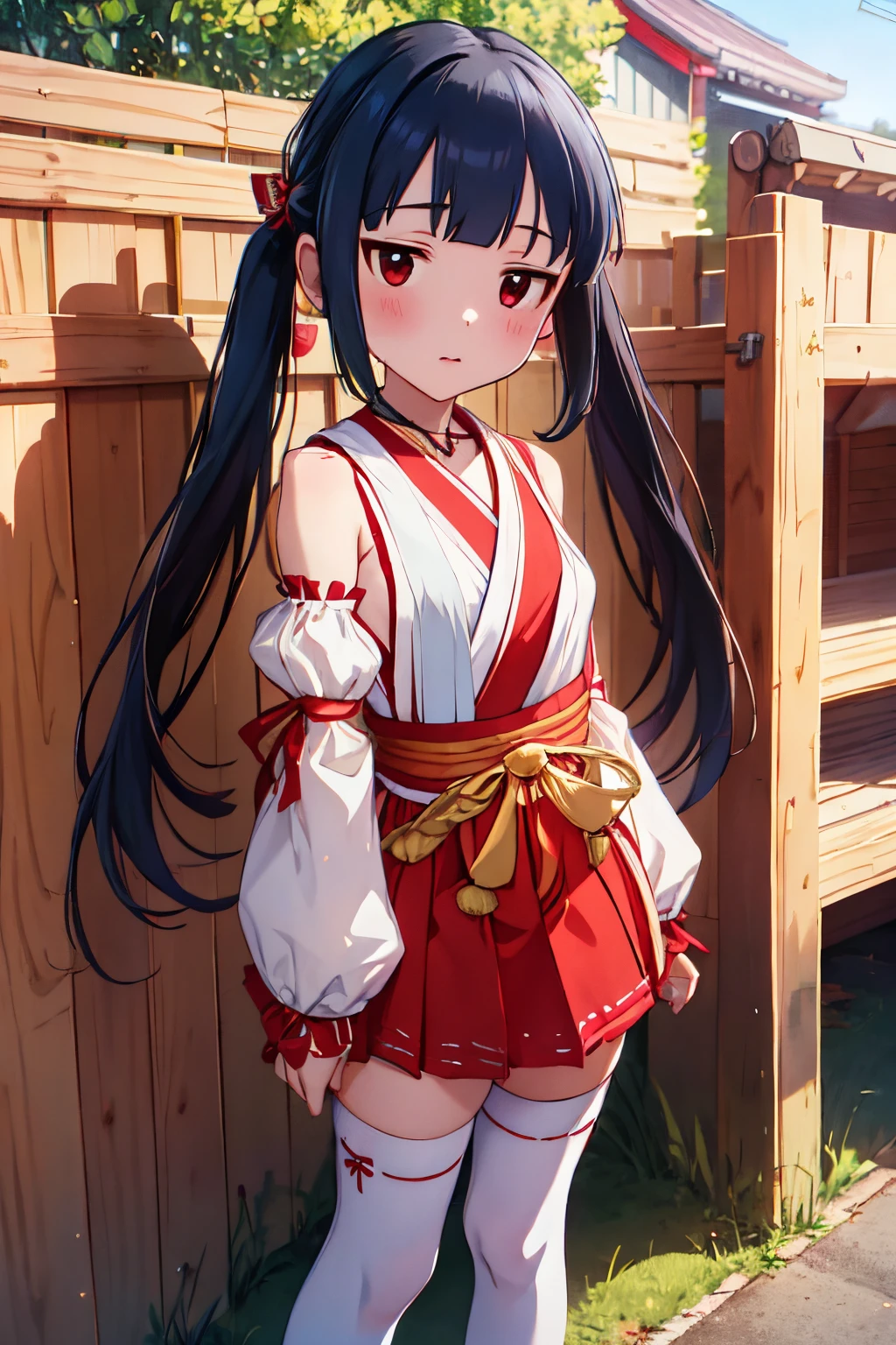 1girl, solo, shrine maiden,detached sleeves, white thighhighs, digust, blush, japanese clothes, choker, standing, hakama short skirt, arms at sides, outdoors, yukimi, 10 yo., long hair, blunt bangs, flat chest, expressionless, shy, twintail haired, kanzasi, miko,