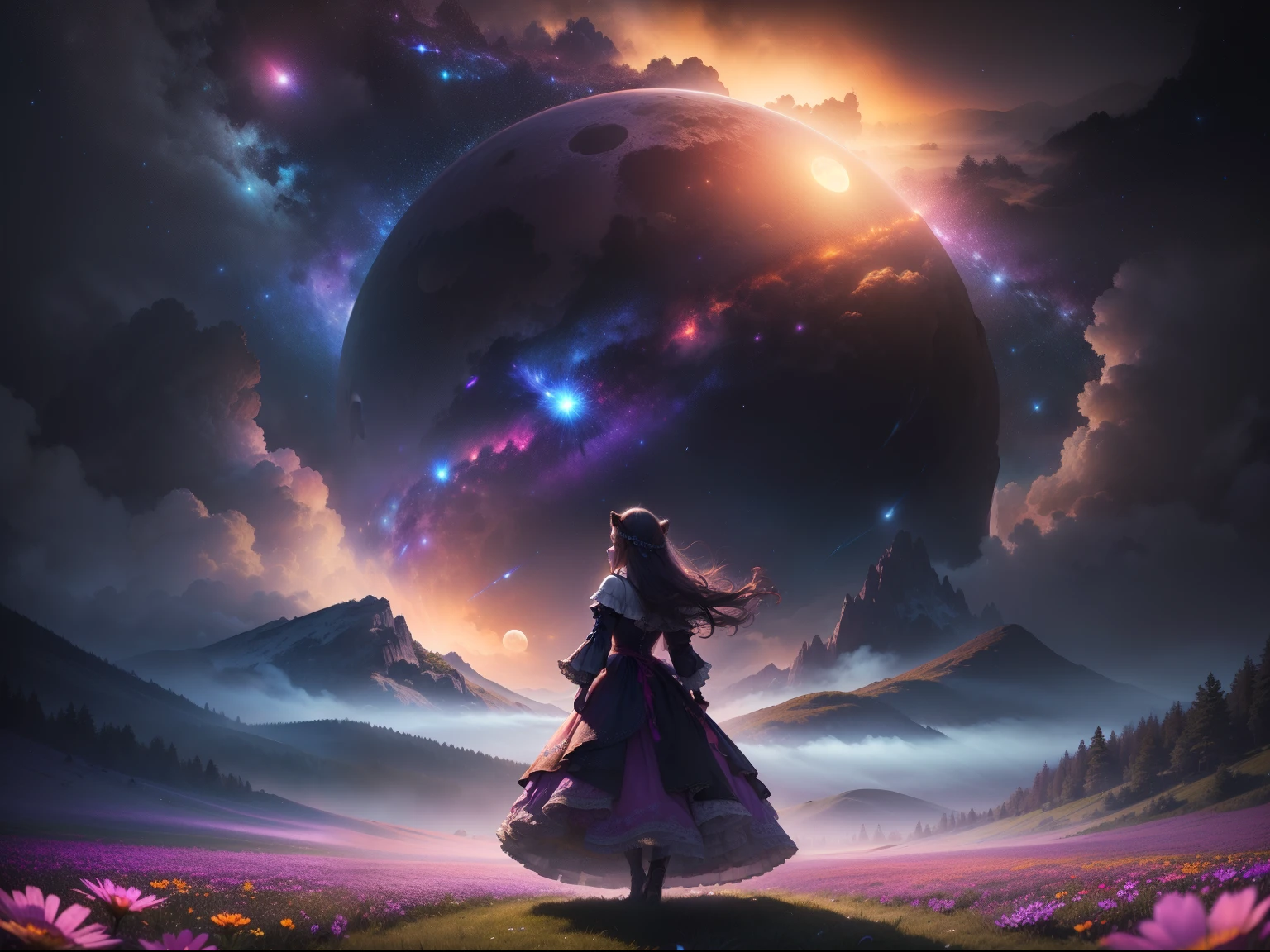 Vast landscape photos、(frombelow、inattention、Open field below)、A girl standing in a flower field looking up、Rear view、Wearing a dress、Character 0.6(fullmoon:1.2)、(meteors:0.9)、(nebulas:1.3)、mountain in the distance、Making Wood Break Art、(Warm light source:1.2)、(fireflys:1.2)、abajour、Lots of Purples and Oranges、intricate detailes、Volumetric lighting、Realism Break(masterpiece:1.2)、(top-quality)、 4K, The ultra-detailliert, (dynamic compositions: 1.4), Very detailed, Colorful Detail, (Irridescent color: 1.2), (Glow Illumination, Atmosphere lighting), dream-like, Magical, (独奏: 1.2)