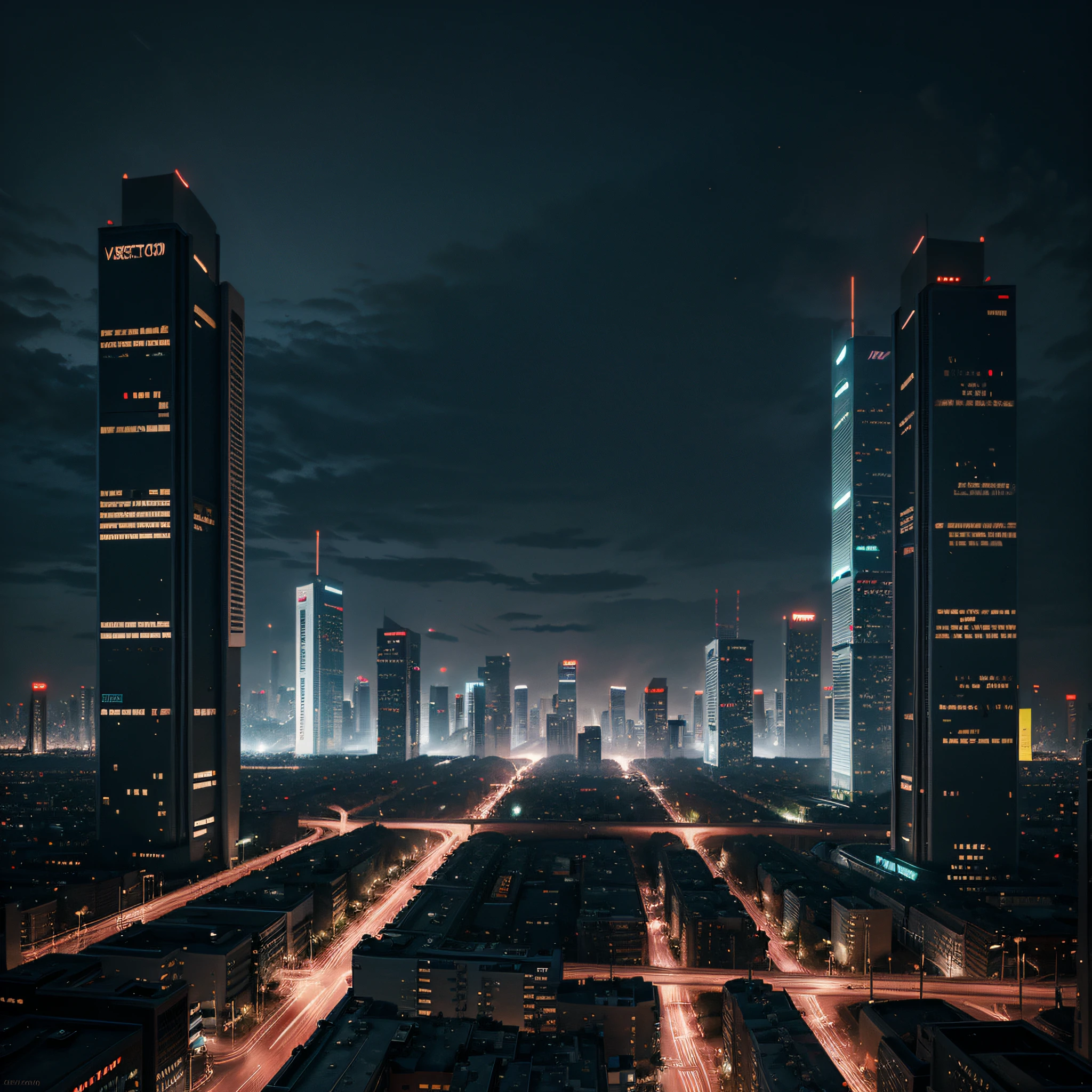 Vector image for a website. The city of the future. Everything is executed in a dark cyberpunk style. Resolutions 2048x2048