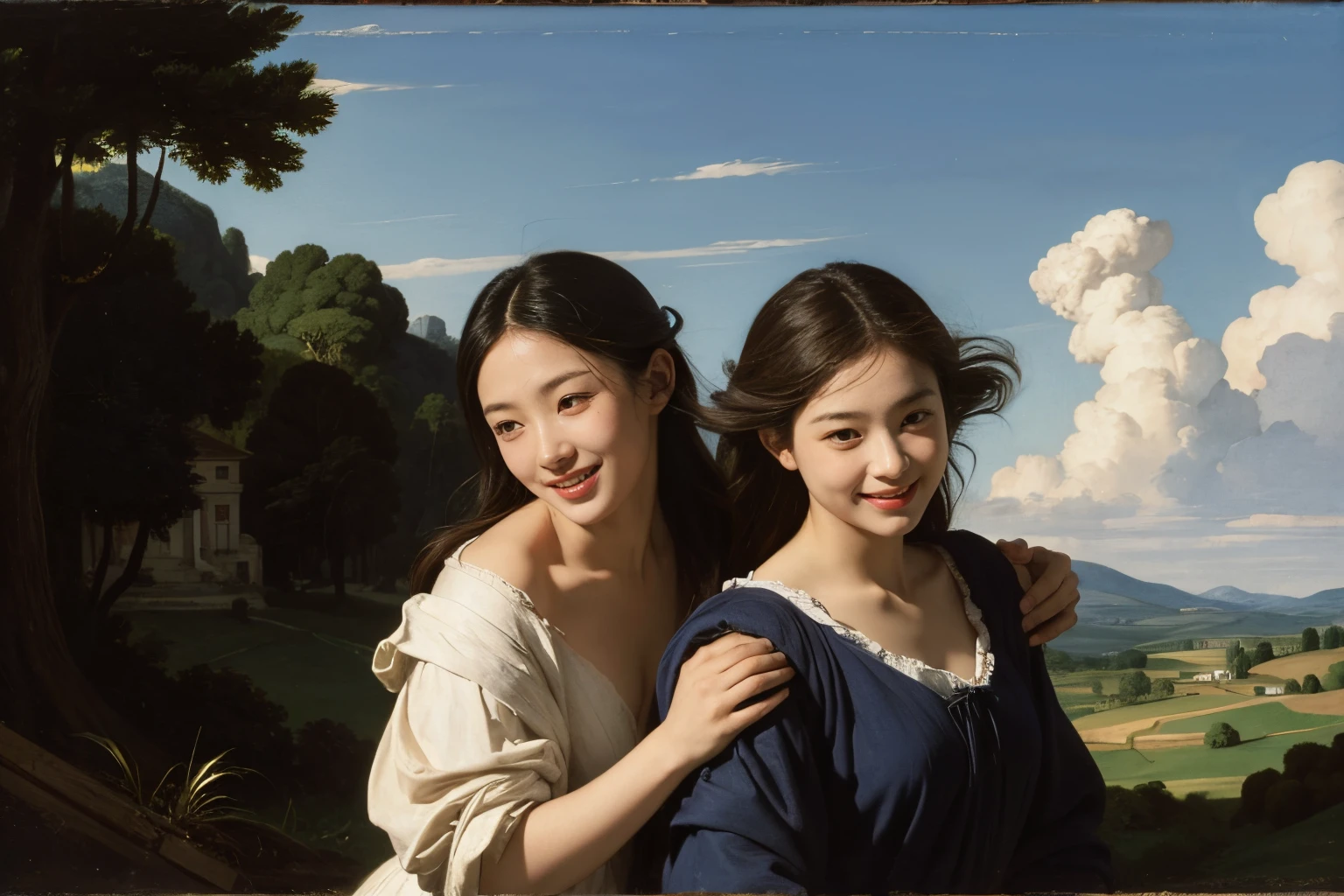 Poussin-style landscape,A smile,,Sweet and seductive appearance.、Caravaggio's paintings、Chiaroscuro of Caravaggio、Hair disheveled in the wind,Two women frolicking,Cute smile, Expression of ecstasy