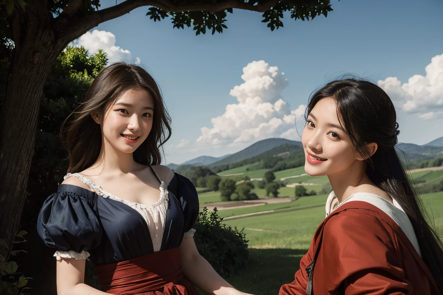 Poussin-style landscape,A smile,,Sweet and seductive appearance.、Caravaggio's paintings、Chiaroscuro of Caravaggio、Hair disheveled in the wind,Two women frolicking,Cute smile, Expression of ecstasy