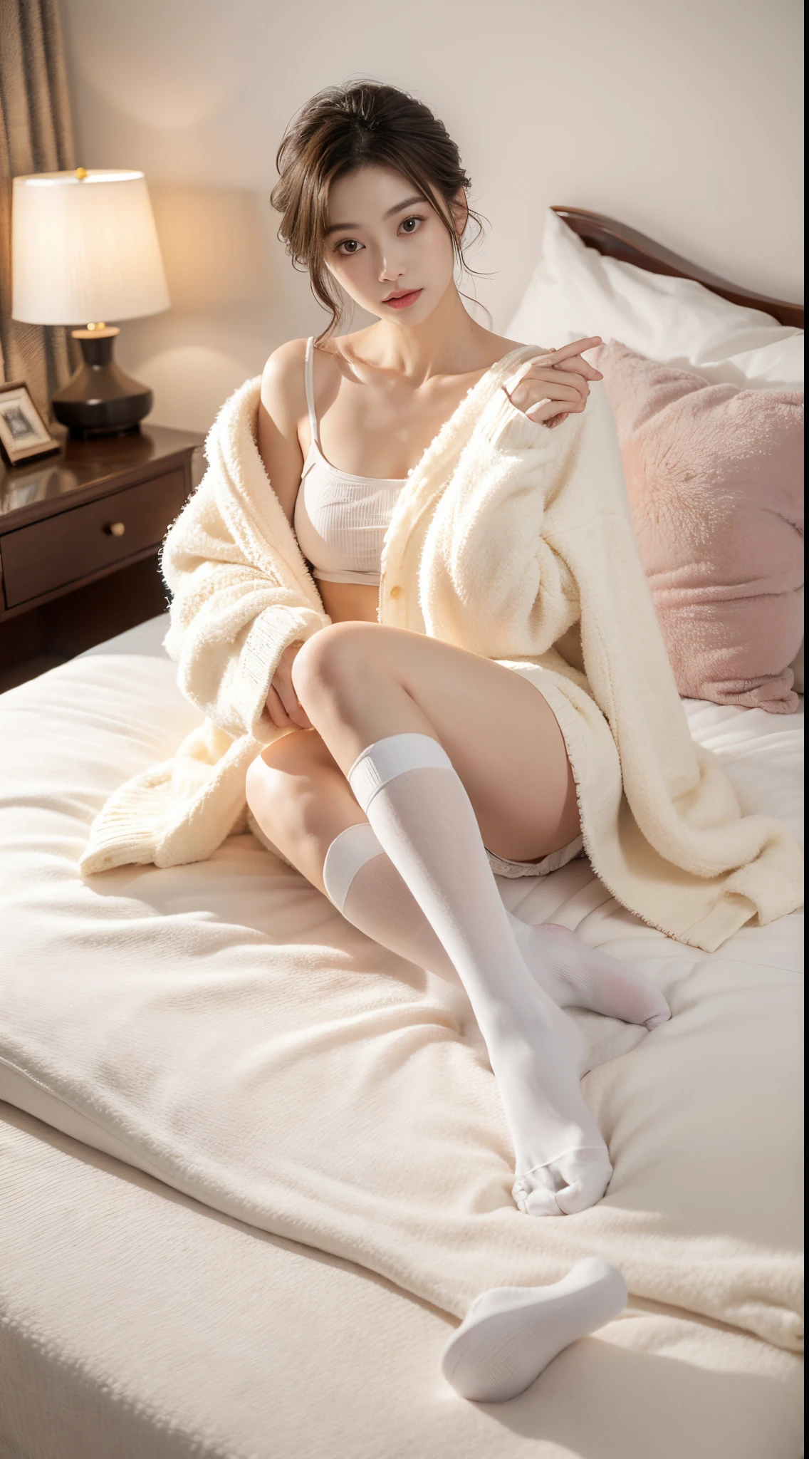 ((Best quality)), ((tmasterpiece)), (the detail:1.4), morden style，Girls in a modern style，issuance，Short hair details，tying  hair，messy  hair，pyjamas，leisure wear，鎖骨，nail art，lazy girl，pillow head，short  skirt，pyjamas，What about the lattice，corduroy skirt，black tea soft light，Gradient eyes，ssmile，White stockings，slippers，Full body like，ultra-realistic realism，high detal，romanticism lain， 电影灯光， Sparkling， reflective light， tmasterpiece， super detailing， textureskin， Anatomical correct， high detal， Best quality， high high quality，Award-winning、8K