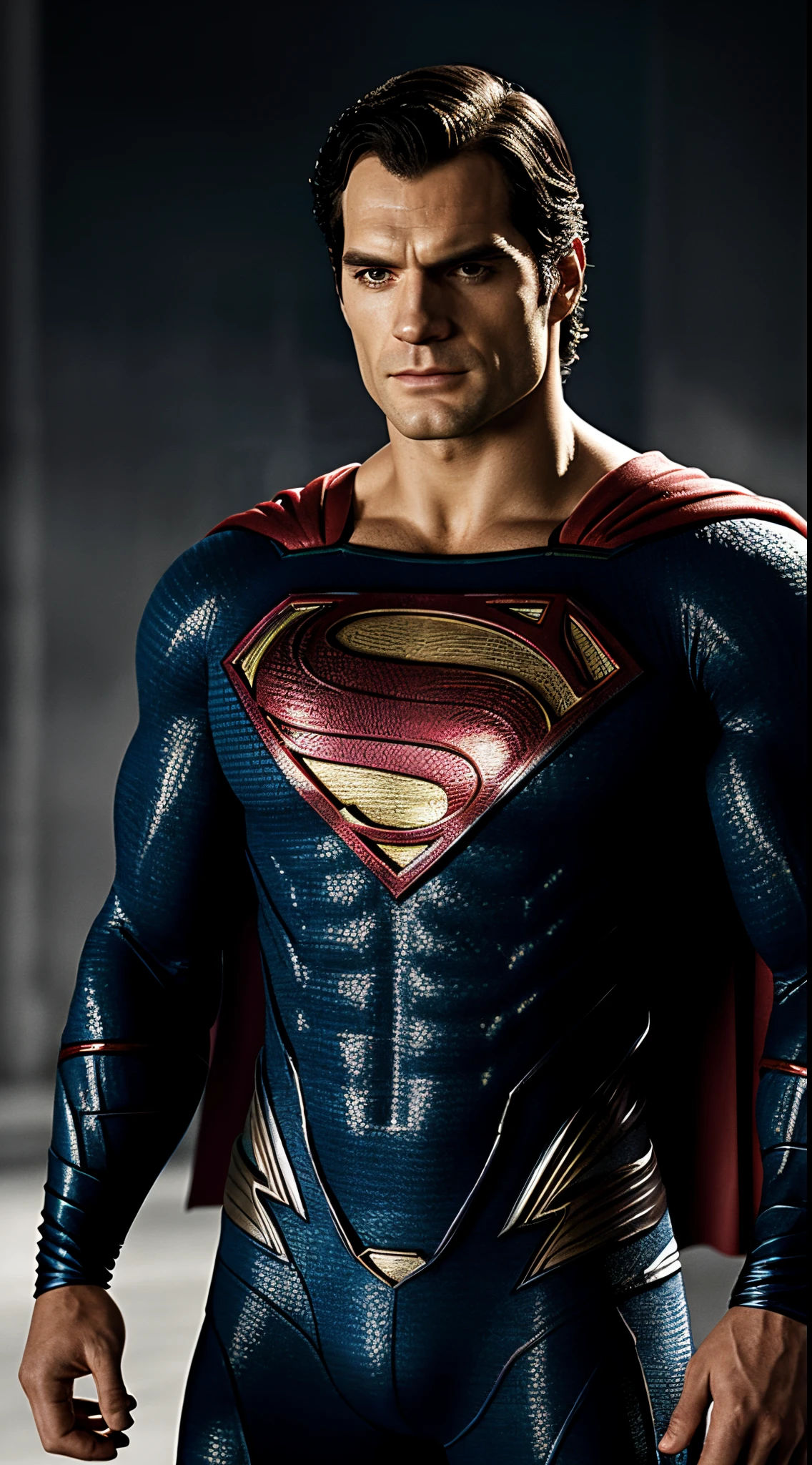 Superman, Henry Cavill as Superman, macho, tall, hunk, muscular, Superman suit, intricate details on the suit, best quality, masterpiece, serious face, ultra detailed suit, detailed face, powerful pose, best quality, high resolution:1.2, night, dark atmosphere, flowing cape, award winning, shadow, volumetric lighting