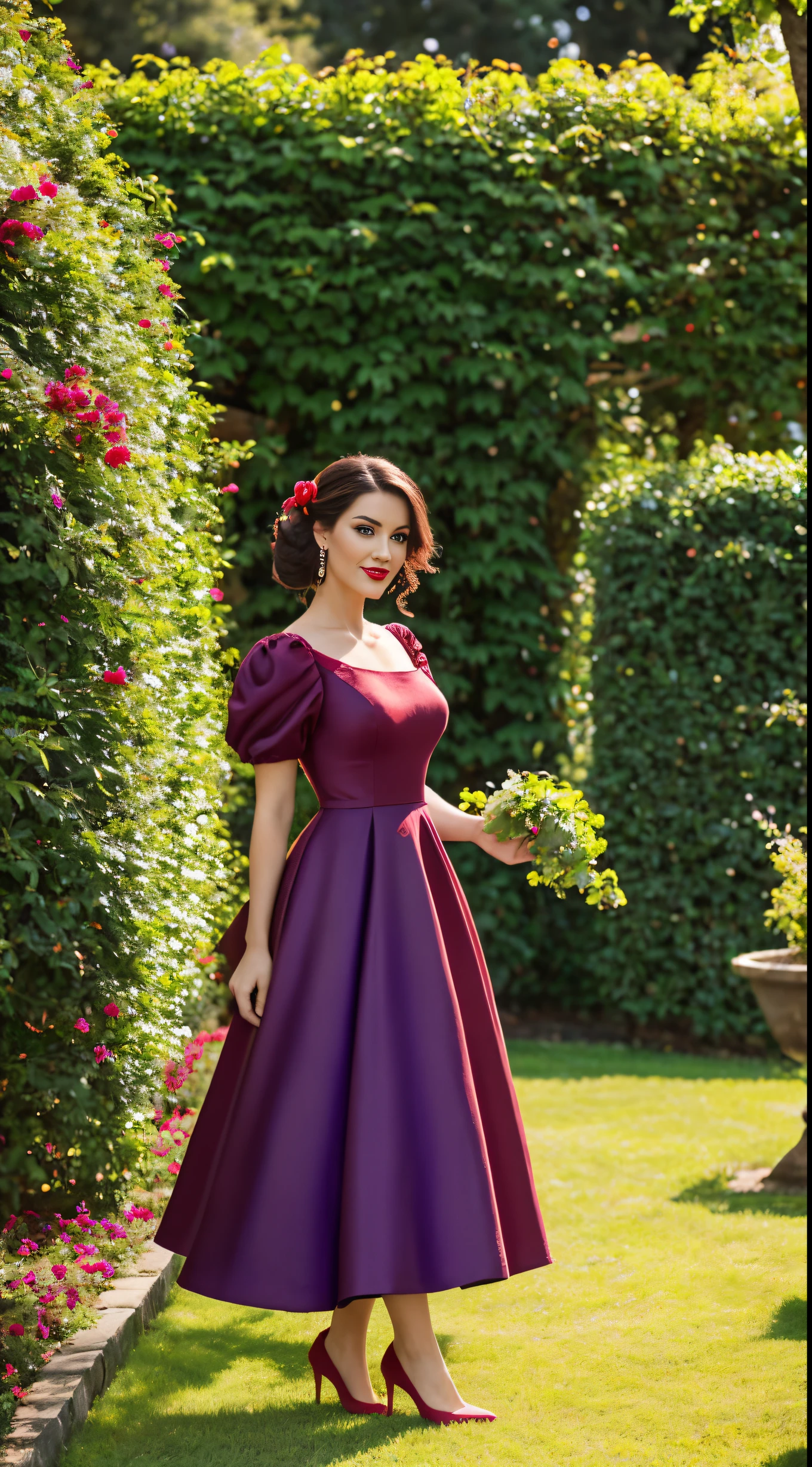 Full body in a 9:16 ratio, A beautiful woman wearing a wine puple fit and dlare dress, puff sleeves, red lips, red heel, red nails, in a standing pose in a garden. Morning time Photoshoot, professional , Vibrant color, WINE COLOR, UltraRealistic Photography.
