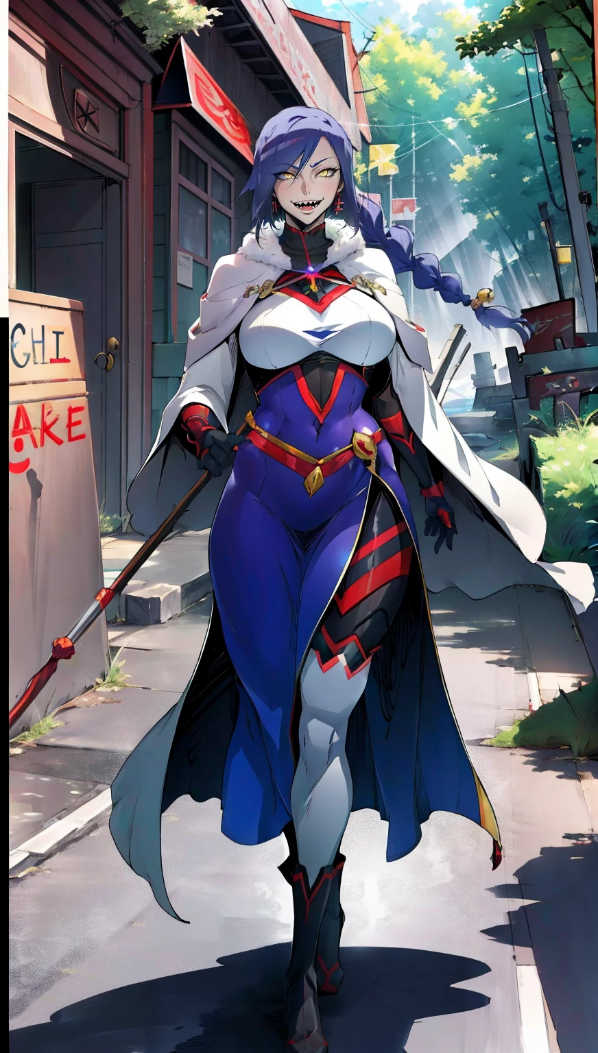 1girl, solo, looking at viewer, cowboy shot, hand arms full body,boots, standing,cute,breast, curvy, female,fantasy goddess,there is a cartoon picture of a woman with a very large breast, glowing divine being, glowing holy aura, inspired by Luma Rouge, the non-binary deity of spring, ethereal rainbow nimbus, the butterfly goddess of fire, inspired by Mariel, glowing aura around her, astral wind, as the goddess of the saturn, “uwu the prismatic person, big breast, serious, beautiful eyes, , full body, walking, long robe, long dress, ,priestess ,holy, smile, god rays, ray tracing, sparkle, cinematic lighting, UHD, retina, masterpiece, ccurate, anatomically correct, textured skin, super detail, high details, high quality, award winning, best quality, highres, 1080P, HD, 4K, thunder aura, light aura,full, snak staff,closed mouth,#anime #character #re:creators #magane chikujoin Trigger Words: chikujoin magane sharp teeth single braid thighhighs gloves earrings Version No.:, long skirt, sharpteeth smile, open mouth, priestess, tunic,, forest ruins background, european tunic, germanic cloths, european forest background, medieval france background