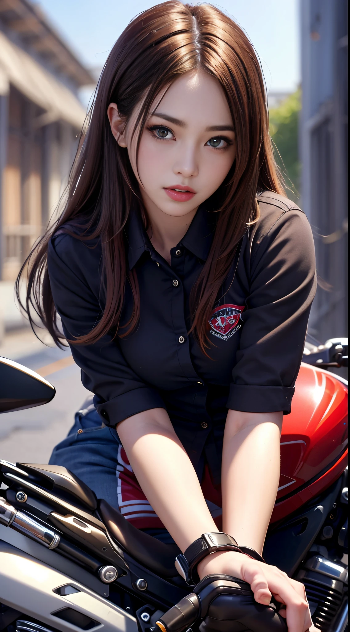 (Best Quality,4K,High resolution), high-level image quality、High quality pixels、Resolution up、Woman in long work clothes with long hair、motorcycle red、Emphasis on keeping black hair a red metallic color、Realistic depiction with delicate details、Facial expression close-up