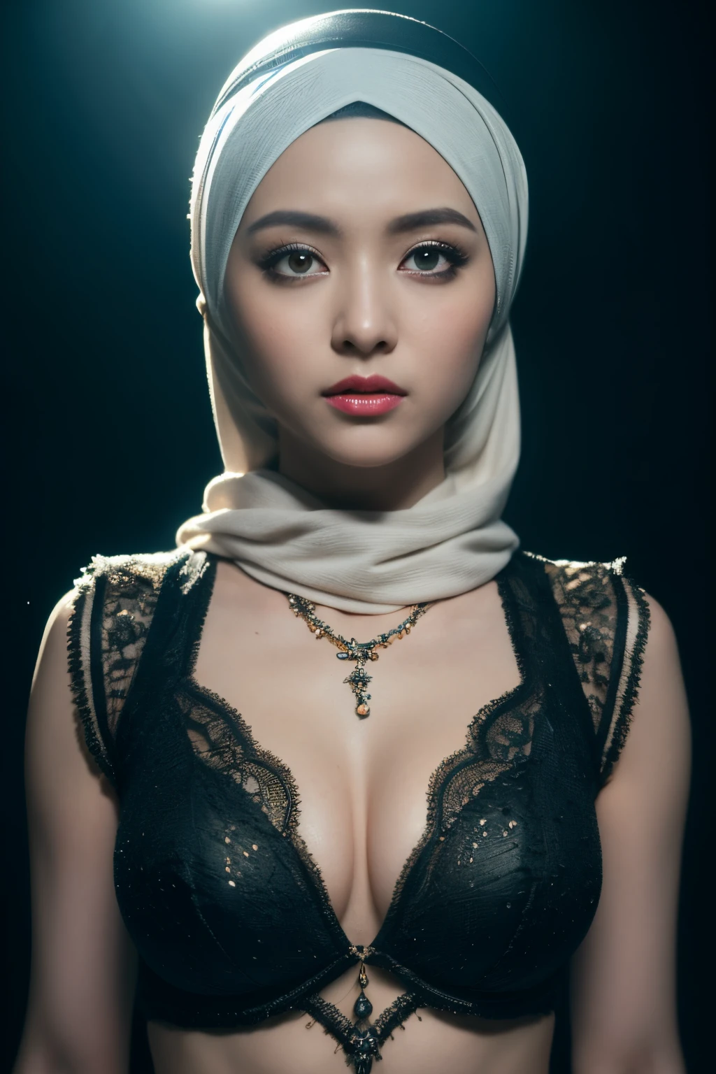 bellydancer, cyberpunk, javanese, (((hijabi))), cleavage, reflection light, chiaroscuro, depth of field, cinematic lighting, ray tracing, Sony FE GM, UHD, super detail, masterpiece, textured skin, high details, best quality, award winning,3D,hdr(HighDynamicRange),Ray tracing,NVIDIA RTX,Hyper-Resolution,Unreal 5,Subsurface scattering、PBR Texture、post-proces、Anisotropy Filtering、depth of fields、maximum definition and sharpness、Many-Layer Textures、Albedo e mapas Speculares、Surface coloring、Accurate simulation octane rendering of light-material interactions、Two-colored light、largeaperture、Low ISO、White balance、the rule of thirds、8K raw data