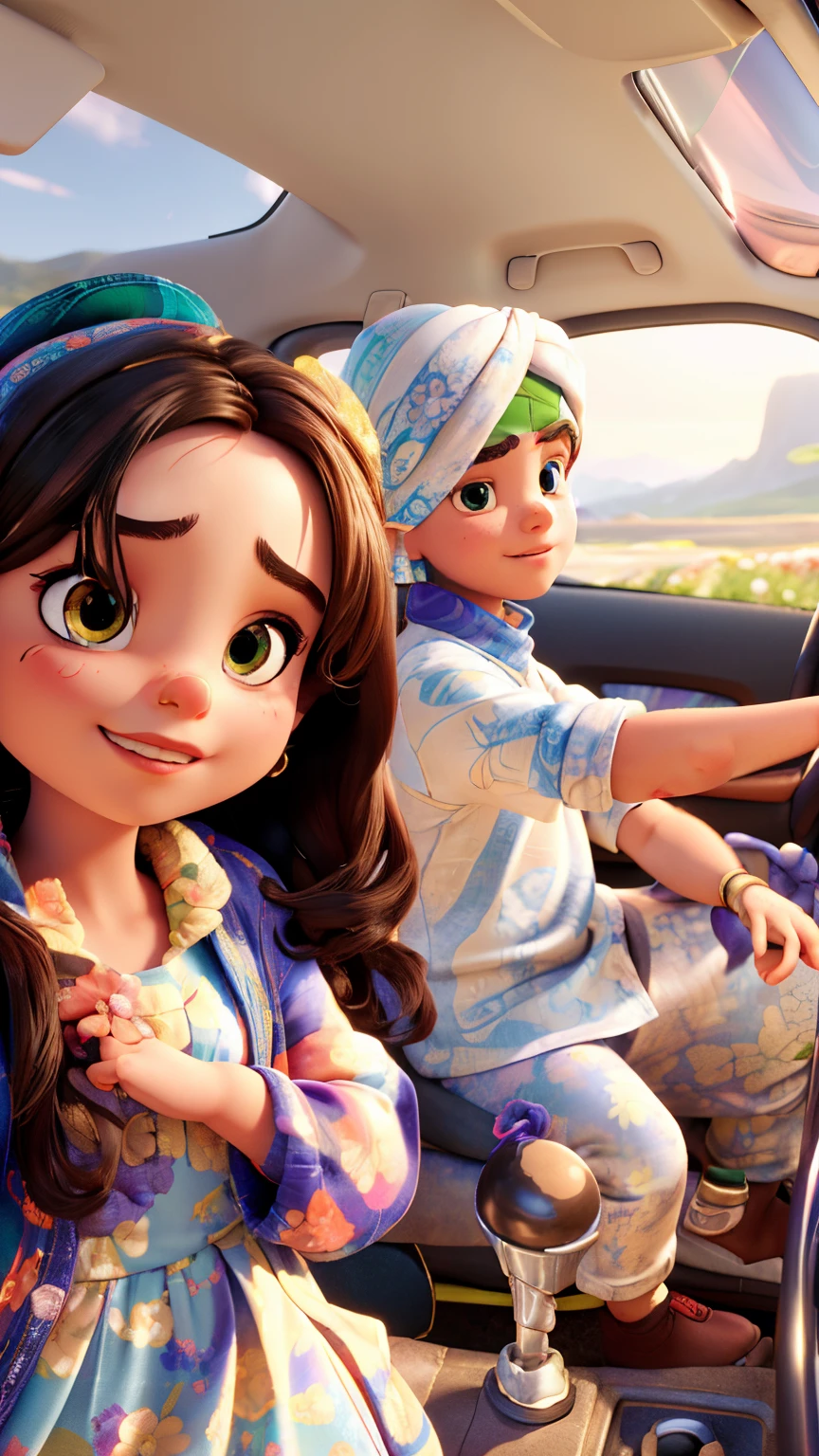 Car in bg,girl n boy age 19,boy with turban,oil painting style,colorful flowers,soft lighting,(best quality,4k,8k,highres,masterpiece:1.2),(detailed face and eyes,vibrant colors),same results as image