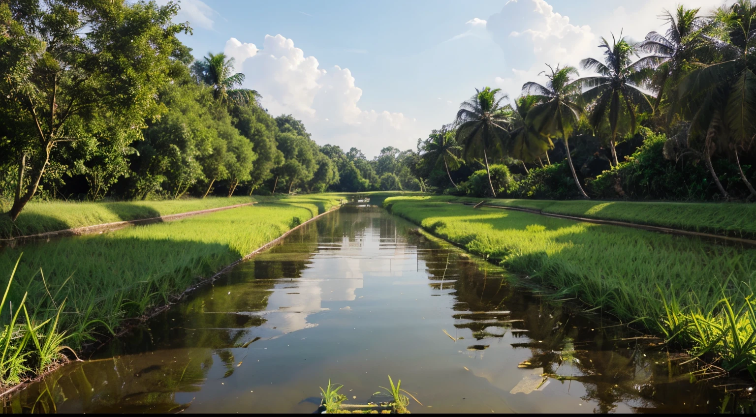 a canal in the middle of paddy field