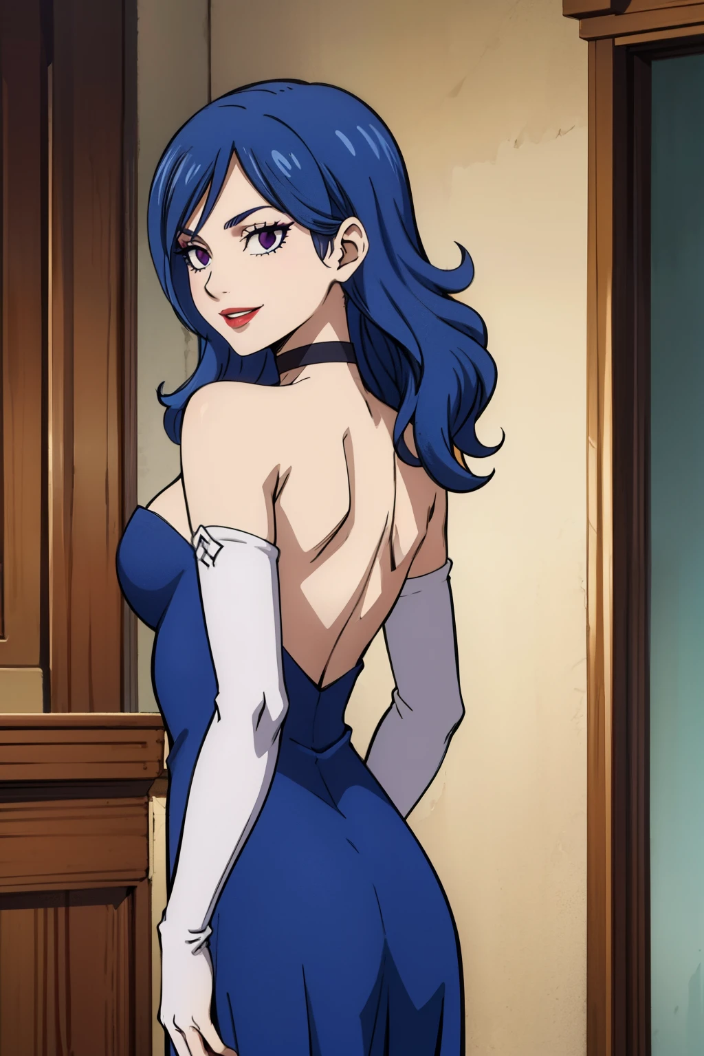 JUVIAGMG, blue hair ,blue dress, long dress, strapless dress, backless dress, long white elbow gloves, smile, light red lipstick, dark purple eye shadow, makeup, black choker, cowboy shot