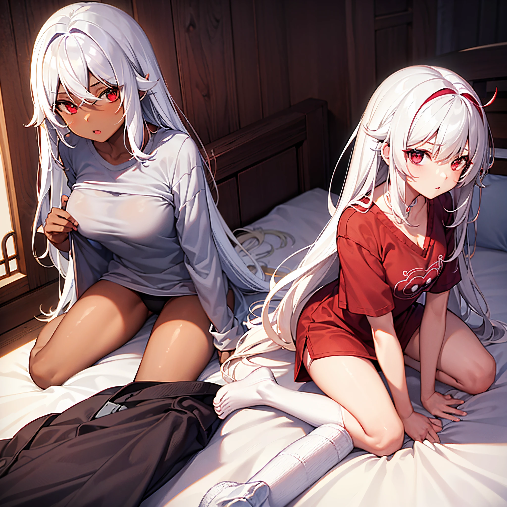 1Girl, red eyes, white hair, dark skin, cute, shirt, panty, showing under wear bottom, bedroom, perfect anatomy