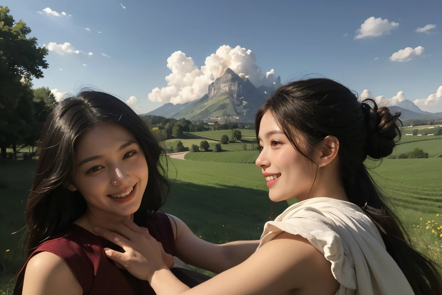 Poussin-style landscape,A smile,,Sweet and seductive appearance.、Caravaggio's paintings、Chiaroscuro of Caravaggio、Hair disheveled in the wind,Two women frolicking,Cute smile, Expression of ecstasy