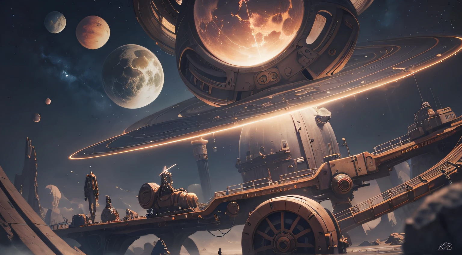 Bored people hanging out in science fiction machinery, Celestial bodies and ancient symbols, A high resolution, k hd, 1920x1080 pixels --auto --s2