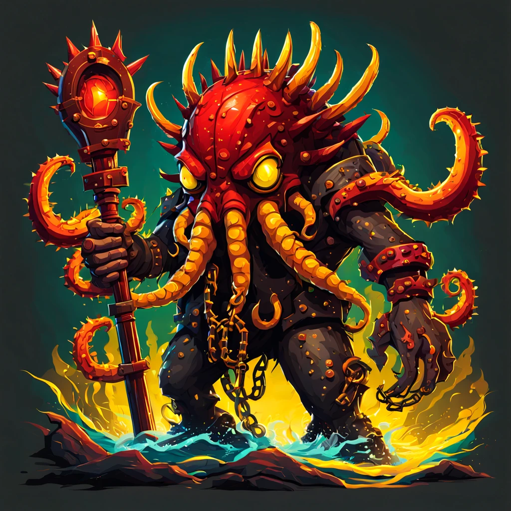 Kraken brute that is vivid red with short brown spikes wearing dark grey helm and chains with a giant spiked club in tentacles and glowing yellow eyes, masterpiece, best quality, in retro arcade art style