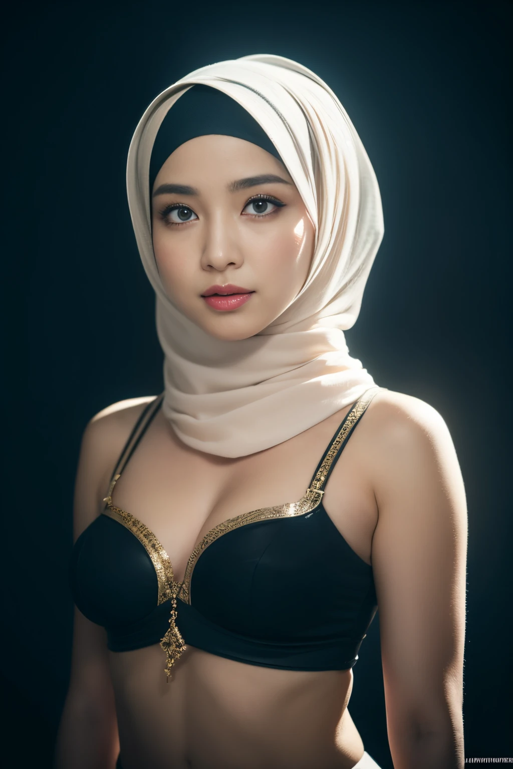 bellydancer, space, javanese, (((hijabi))), cleavage, reflection light, chiaroscuro, depth of field, cinematic lighting, ray tracing, Sony FE GM, UHD, super detail, masterpiece, textured skin, high details, best quality, award winning，3D,hdr（HighDynamicRange）,Ray tracing,NVIDIA RTX,Hyper-Resolution,Unreal 5,Subsurface scattering、PBR Texture、post-proces、Anisotropy Filtering、depth of fields、maximum definition and sharpness、Many-Layer Textures、Albedo e mapas Speculares、Surface coloring、Accurate simulation octane rendering of light-material interactions、Two-colored light、largeaperture、Low ISO、White balance、the rule of thirds、8K raw data