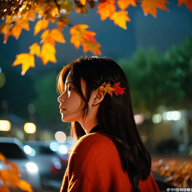 Colored leaves、momiji、nighttime scene、Rear view、realisitic、a picture