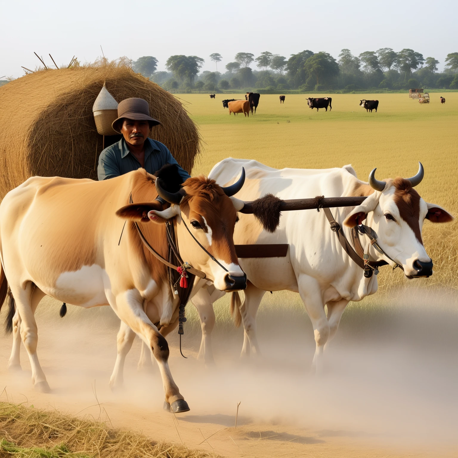 there is a man riding a cart with two cows pulling a cart, villagers busy farming, single bangla farmer fighting, both men and cattle, farmer, rural, an ox, traditional, farming, straw, stunning visual, beautiful image, village, cows, harvest, herds fighting, mowing of the hay, pastoral, version 3, cambodia, bovine, vietnam, farm