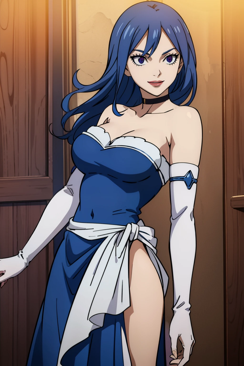 JUVIAGMG, blue hair ,blue dress, long dress, strapless dress, backless dress, long white elbow gloves, smile, light red lipstick, dark purple eye shadow, makeup, black choker, cowboy shot