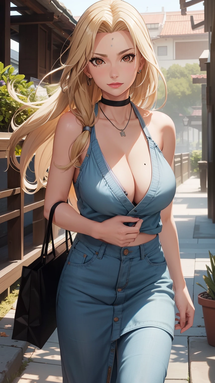 Good anatomy, tmasterpiece, Best quality at best, 4K, 8K, professional photoshooting, softlighting, Focus sharp, tropical garden, pathway,1 girl, eventide,Hands-on shopping bags,The breeze blows through,falling leaf,Blonde hair, The shirt, long skirt,flipflops,Blonde hair, Bank spin-offs, 详细的脸+Brown eyes, Had a great time,Slightly drunk,The face is red,Tsundere, Beauty mole,lipsticks, choker necklace, Colossal tits,