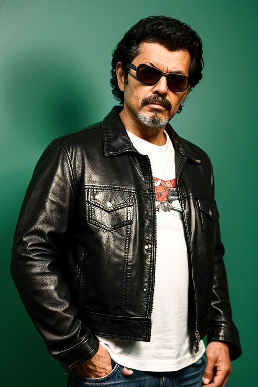 An around 40 year old man wearing a leather jacket with a gun, Character portrait inspired by Walter Gervolino, featured on zbrush central, neo-dada, Hideaki Anime Year, hideki anno, hideaki anno, Portrait of Ernest Khalmov, As the protagonist of GTA 5, wearing cyberpunk 2 0 7 7 jacket, movie promo image, With pistol