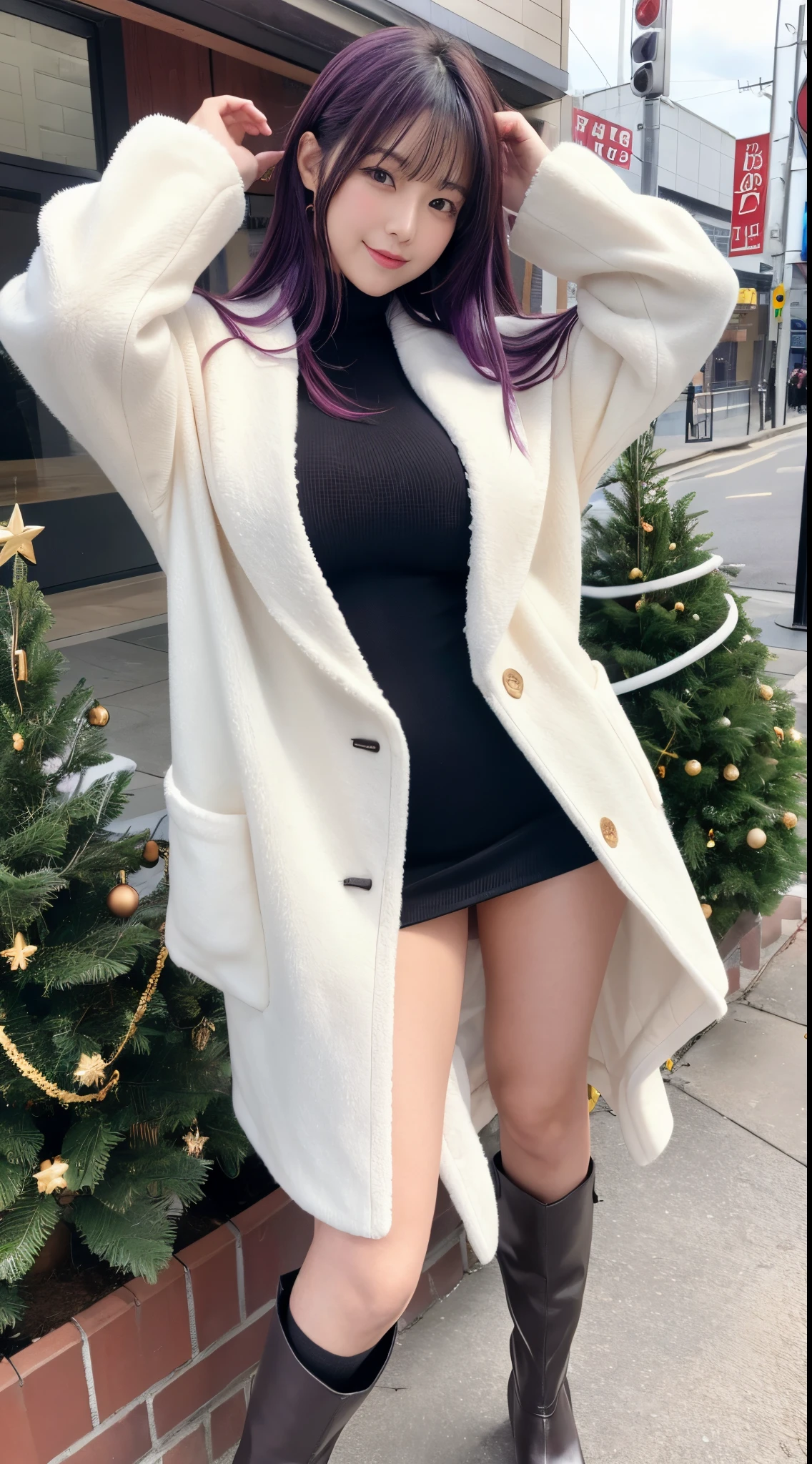 8K,high-level image quality,Beautiful fece,Colossal tits,young Japanese,1 persons,Whip whip,sexy pose,Valley,Reddish-purple hair color,wearing a white fluffy coat,Curvaceous,bbw,ultra-quality,Exposed,Carnal body,Sweaty skin,Beautuful Women,Kamimei,a miniskirt,Stockings,long boots,Christmas Date