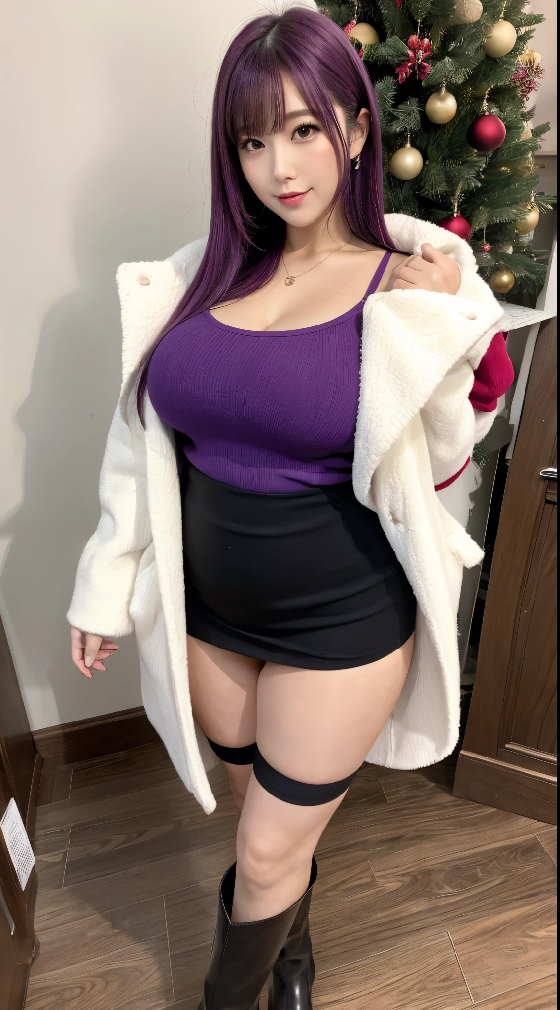 Asian woman, long hair, purple sexy sweater, sexy pose