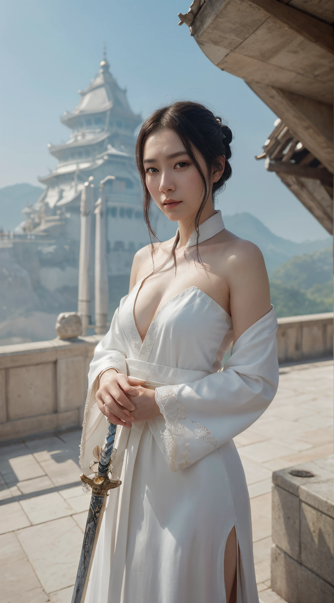 a close up of a woman with a sword in a white dress, a character portrait by Yang J, trending on cgsociety, fantasy art, beautiful character painting, artwork in the style of guweiz, guweiz, white hanfu, flowing white robes, full body wuxia, epic exquisite character art, stunning character art, beautiful female assassin