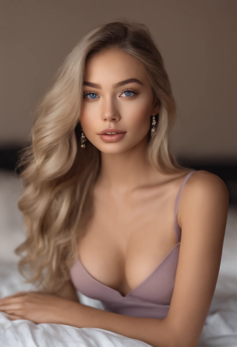 arafed woman fully ,  Asian girl with blue eyes, ultra realistic, meticulously detailed, portrait sophie mudd, blonde hair and large eyes, selfie of a young woman, bedroom eyes, violet myers, without makeup, natural makeup, looking directly at the camera, face with artgram, subtle makeup, stunning full body shot kneeling on bed, in bedroom, large size bust