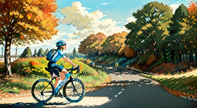 (bikes:1.5), (Realistic bikes: 1.5), (realistic cyclist: 1.5), em plano geral, best person, fall season, Orange leaves, feeding, Landscape background, ombres, to contrast, Shinkai sincerely (Best quality at best:1.3), (A high resolution:1) Studio Ghibli-inspired art, Impressionism, Vibrant colors