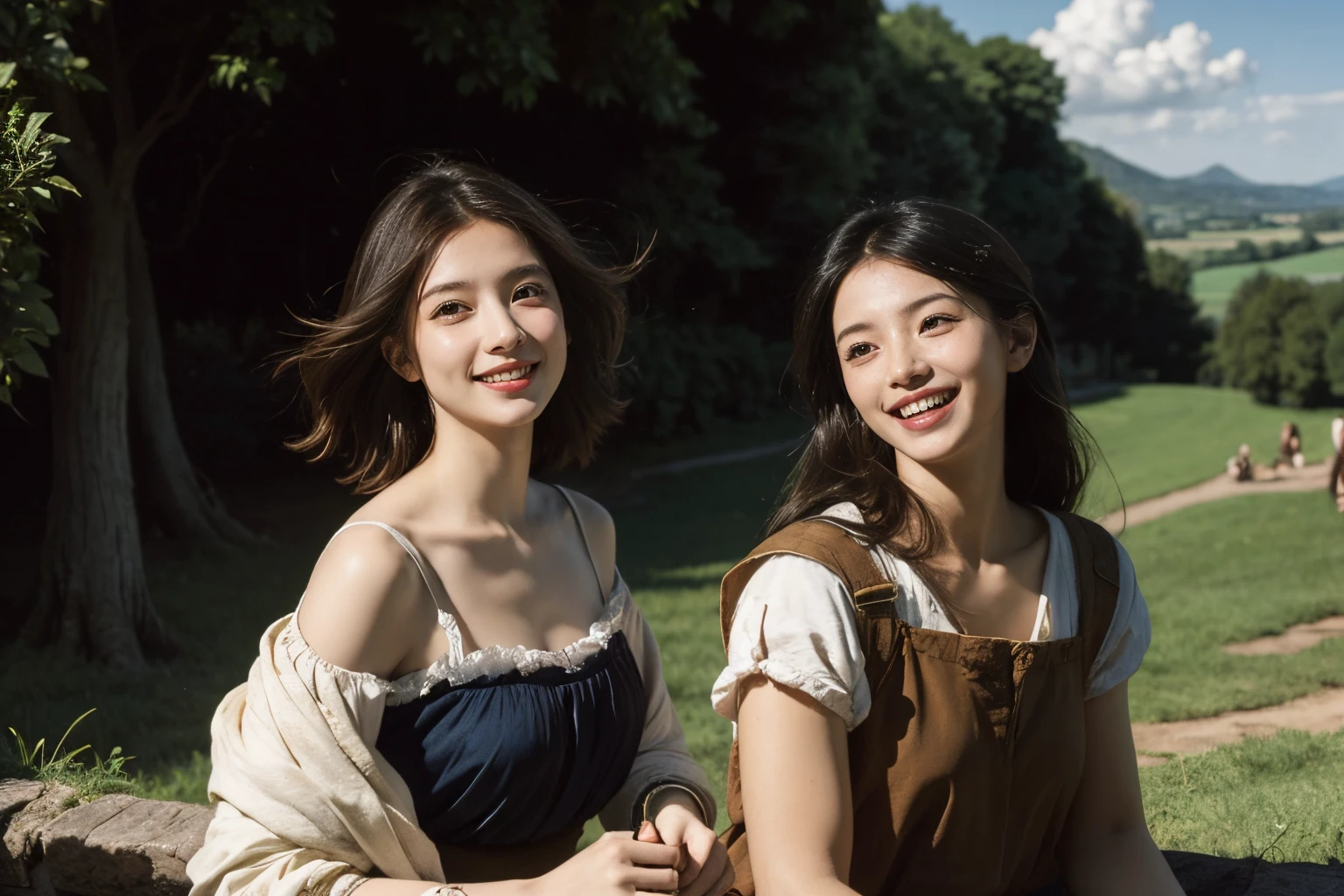 Poussin-style landscape,A smile,,Sweet and seductive appearance.、Caravaggio's paintings、Chiaroscuro of Caravaggio、Hair disheveled in the wind,Two women frolicking,Cute smile, Expression of ecstasy